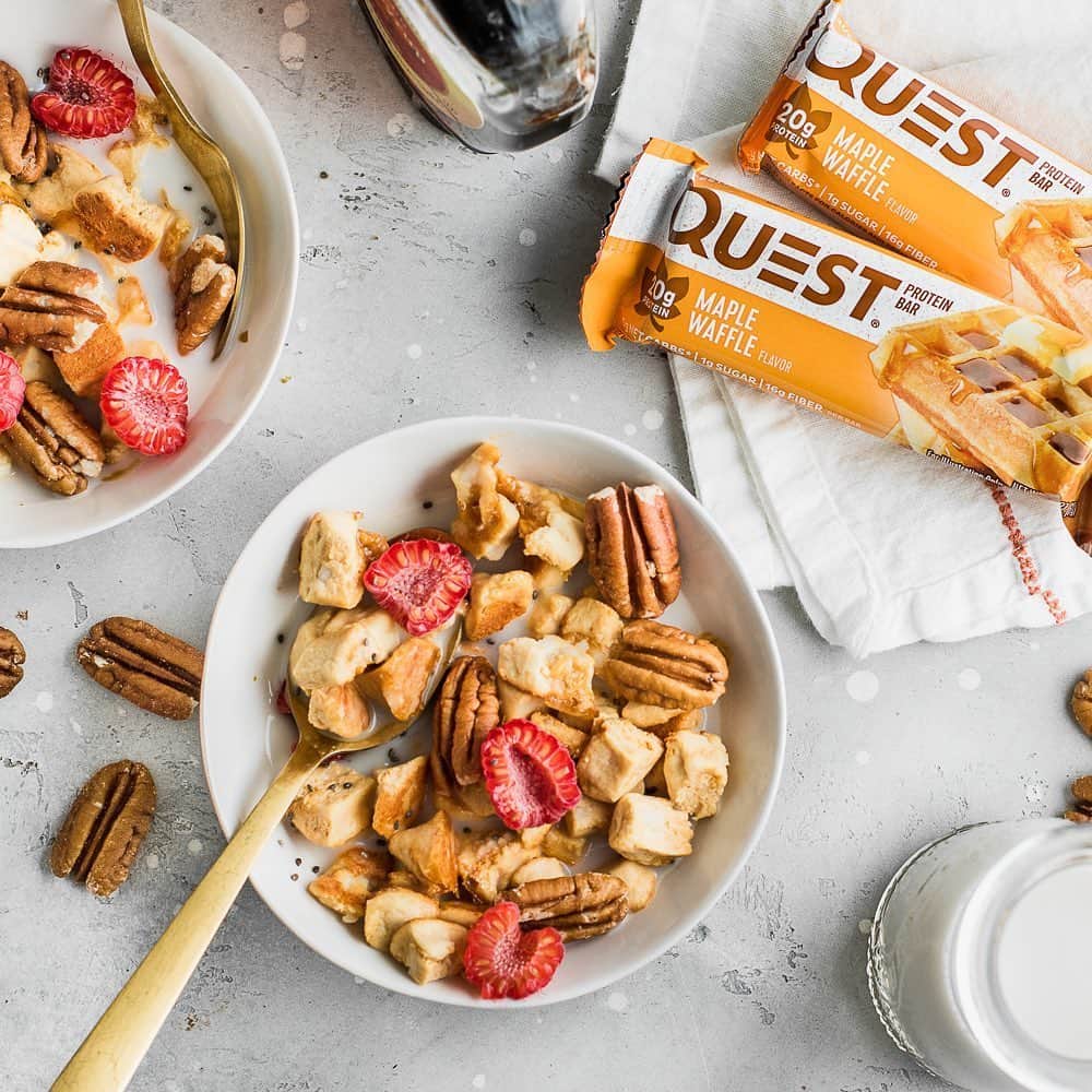 questnutritionさんのインスタグラム写真 - (questnutritionInstagram)「🍁🥣 Maple Waffle Protein Cereal 🥣🍁 • 👉 FULL RECIPE LINK IN BIO (swipe left to 2nd card) 👈 • Per serving: 22g protein, 29g carbs, 13g fat (10g net carbs) #OnaQuest #Questify」6月1日 4時28分 - questnutrition