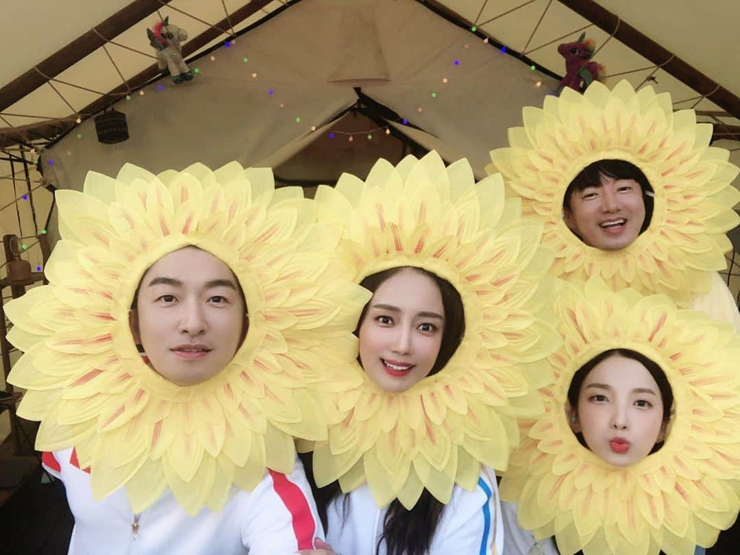 チェ・ソンヒョンのインスタグラム：「#해바라기 네송이🌻🌻🌻🌻 찌숙이랑 두희씨랑 #글램핑  귀엽고 착한 두분과 함께해서 엄청 즐거웠어요🤗🤗🤗 해바라기는 직접 쓴 거 #어플아님주의  지금은 집대문 안쪽에 걸려있음🌞🌞 오늘밤 #부럽지 꿀잼이겠다아😍👍😊🤗」