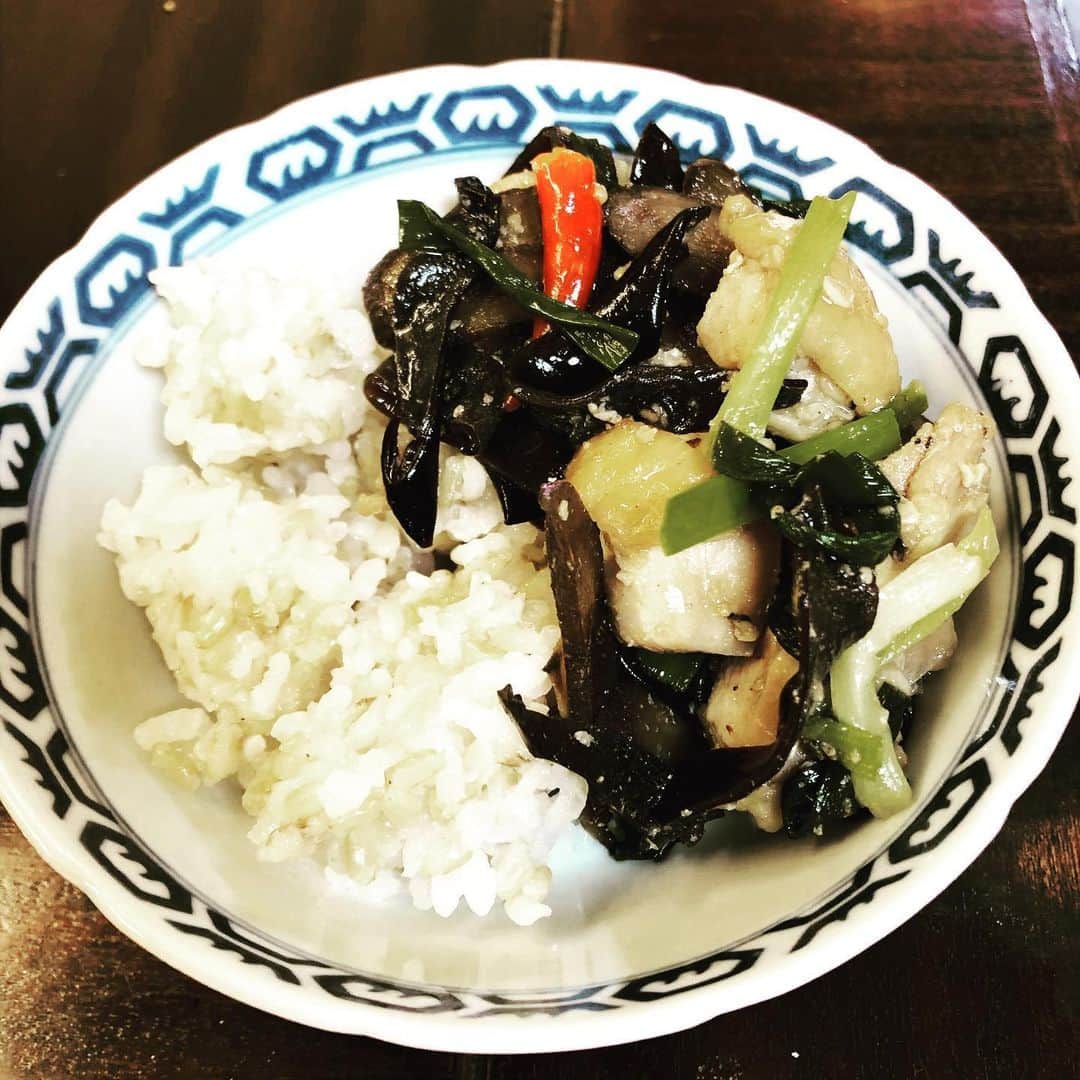 瑛蓮のインスタグラム：「鶏モモとゴボウと木耳と生姜とネギに高粱酒を入れて派手に炒めて食べたらむちゃくちゃ美味しい。 床に落ちてた鷹の爪も入れる。  #瑛蓮 #美味しい」