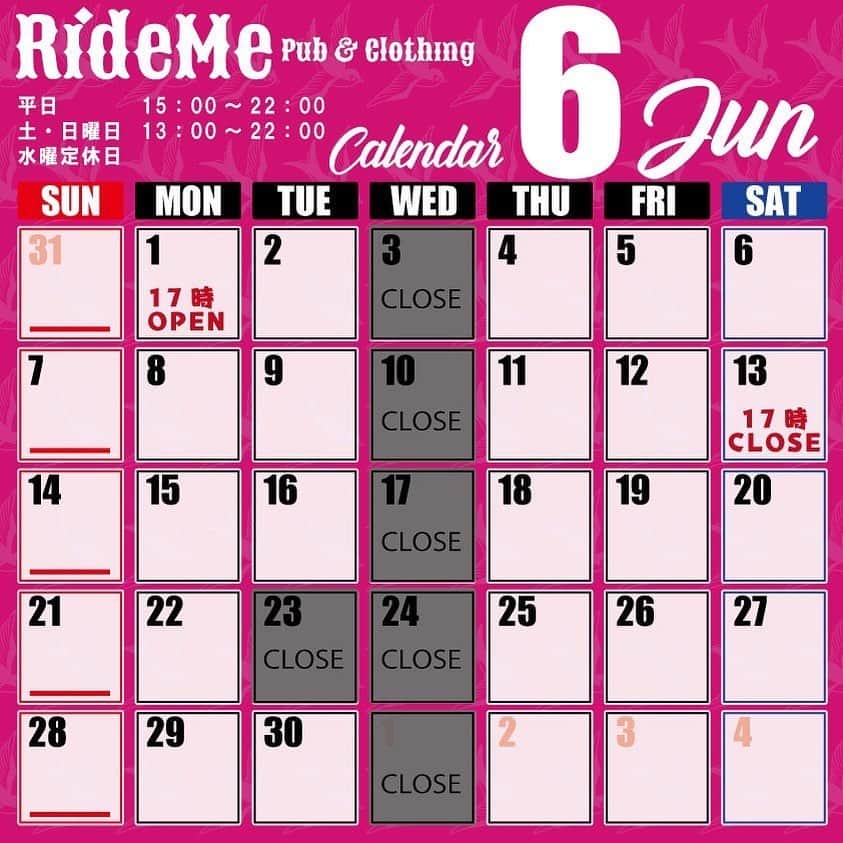 ナオミチのインスタグラム：「【RideMe P&C 6月schedule】 6月のscheduleになります👕🌮🍺 ◼️平日 15:00〜22:00 ◼️土日祝 13:00〜22:00 ◼️定休日 水曜日  換気、衛生面も引き続き徹底いたします。 皆様のご来店、心よりお待ちしております。  本日は機材メンテナンス等で 17:00〜OPENになります⚠️」