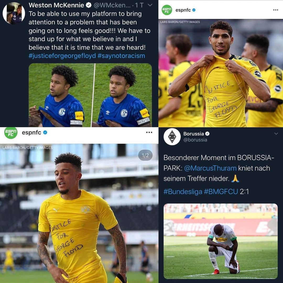 ゲーラルド・アサモアのインスタグラム：「Very important signals on the @bundesliga._de pitches this weekend! There is no time for silence anymore. It's time for solidarity! #Respect @west.mckennie , @achrafhakimi, @sanchooo10, @thuram_17 👏🏿👏🏿👏🏿 Sehr wichtige Zeichen an diesem Wochenende in der Bundesliga! Es ist keine Zeit mehr, stumm zu bleiben. Es Zeit für Solidarität! Respekt! 👏🏿👏🏿👏🏿 #BlackLivesMatter #GeorgeFloyd #justiceforgeorgefloyd #SayNoToRacism ✊🏿✊🏾✊🏽✊🏼✊🏻✊」