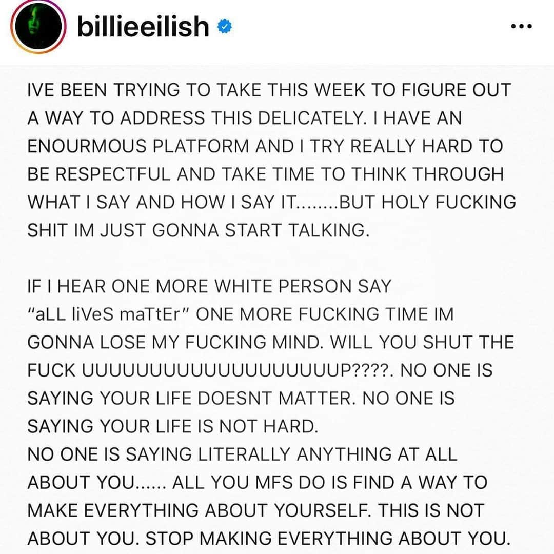 エリザ・ドゥシュクのインスタグラム：「Repost @billieeilish This. #BlackLivesMatter ✊」