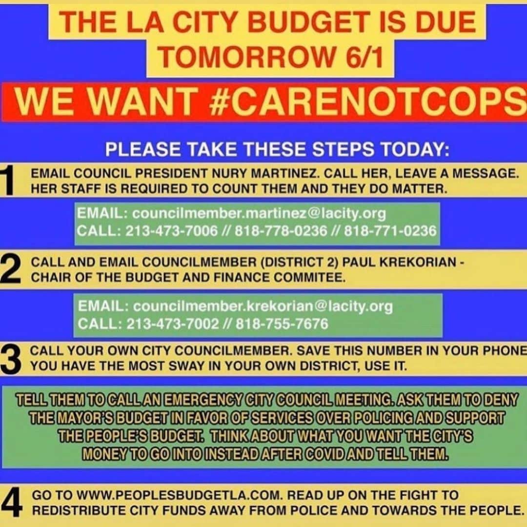 のインスタグラム：「LA PEOPLE! Make our voices heard! They have a meeting TODAY to discuss the budget. Tell them we want more money allocated to services for the people instead of giving LAPD more money to POLICE the people. They count the calls. The count the emails. LET THEM KNOW WHAT THEIR CITY NEEDS!」