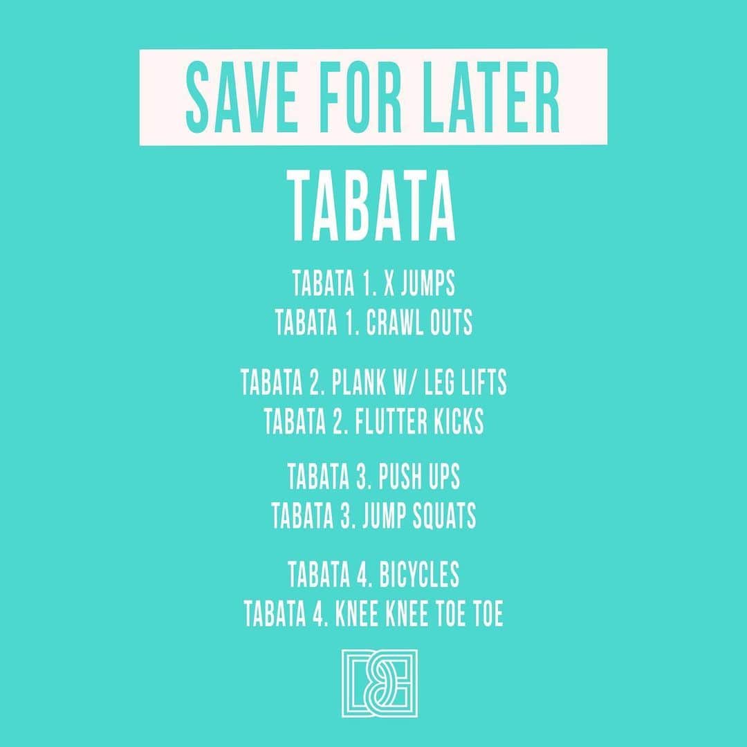 Danielle Robertsonさんのインスタグラム写真 - (Danielle RobertsonInstagram)「TABATA ͈ LET’S GET SWEATYYYY!!! Tabata is one of the most effective forms of high intensity interval training (HIIT) using a 20 sec work, 10 sec rest ratio.  HOW TO DO THE THINGS: Alternate between the two exercises in each Tabata Workout Set. Perform the first move for 20 seconds followed by 10 seconds rest before moving on to the second exercise in the Tabata. Complete 4 rounds of each Tabata and then allow 60 seconds rest between 💪  WORKOUT ͈ TABATA 1 ͈ X-Jumps  Crawl Outs ͈ TABATA 2  Plank w/ Leg Lifts Flutter Kicks  TABATA 3  Push Ups  Jump Squats  TABATA 4  Bicycles Knee Knee Toe Toe」6月2日 5時18分 - dannibelle