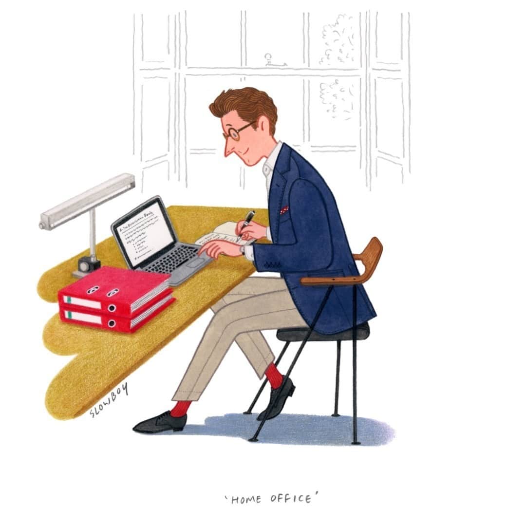 ハケットのインスタグラム：「Our top tip for productivity whilst working from home? Get up and get dressed, just as you would if you were heading into the office. Pick out gentlemanly staples that you’ll wear again and again, like a navy blazer, Oxford shirt, chinos and gentlemanly leather shoes.⠀ At Hackett, we STAY home, we #STAYHackett」