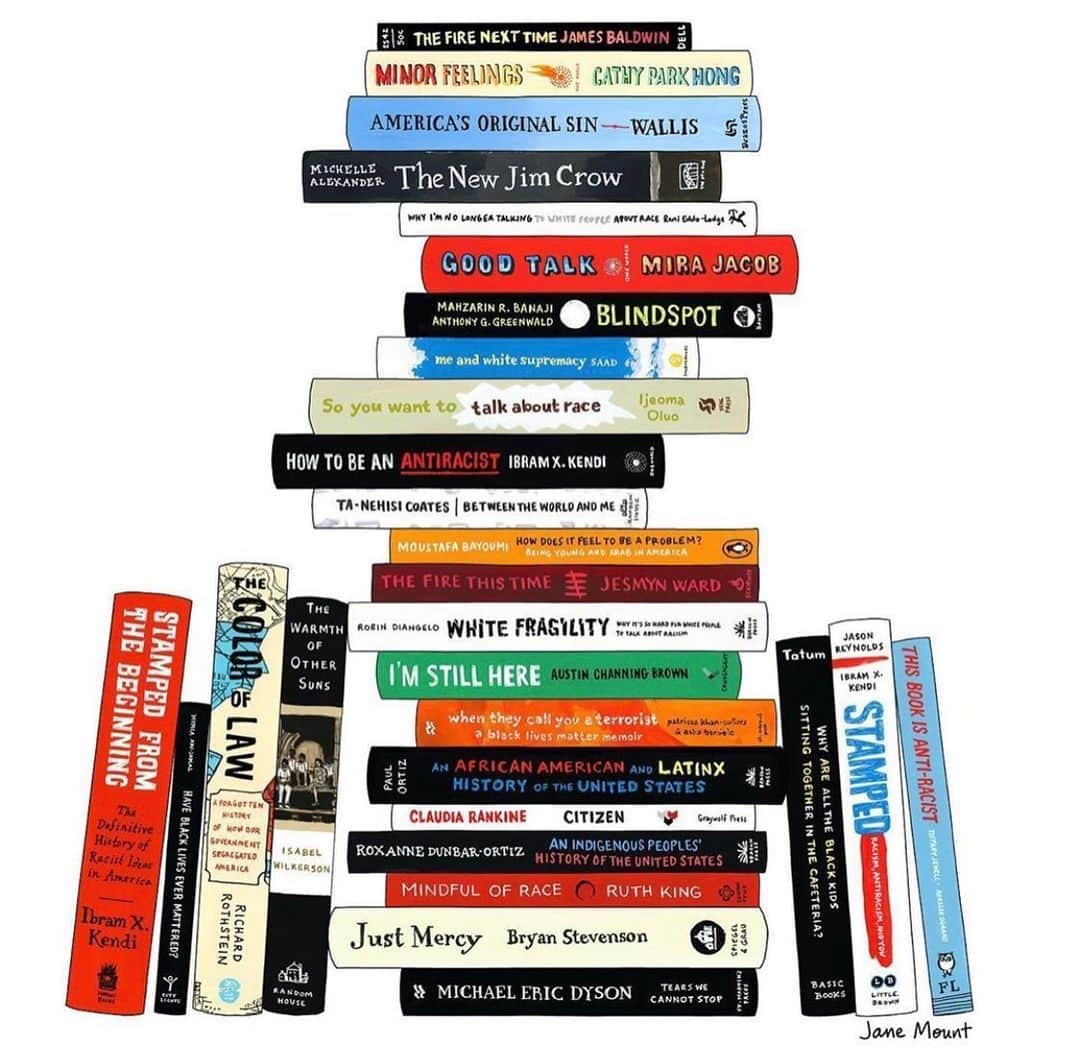 アリッサンドラ・アロノウのインスタグラム：「As James Baldwin said “White people are trapped in a history they don’t understand”. Our history has shaped the world we live in today and we are responsible for creating change. This book list is for anyone (but especially white people) wanting to be proactive and anti-racist. We MUST do the inner work and educate ourselves. These books are filled with history and unpack systemic racism. They also provide ways to excavate our unconscious biases, release them, heal and become true allies. If you don’t know where to start, I began with “So you want to talk about race?”, “white fragility”, “me and white supremacy” and “Decolonizing Wealth”. #BlackLivesMatter ✊🏽✊🏾✊🏿. Thank you @jane_mount for this illustration and helpful list.」