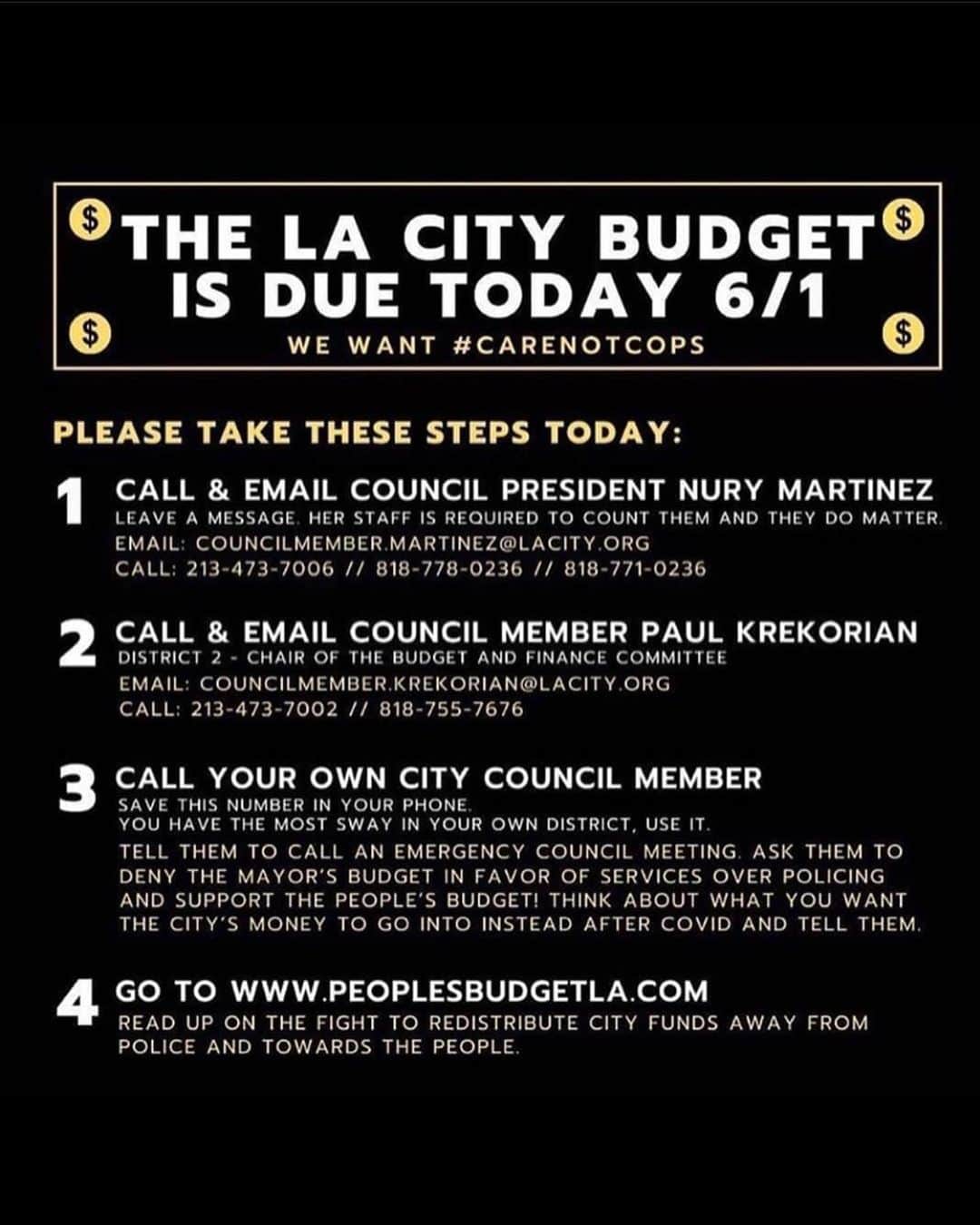 ケラーニさんのインスタグラム写真 - (ケラーニInstagram)「LOS ANGELES #Repost @bldpwr with @make_repost ・・・ Los Angeles, we need your help. @mayorofla has proposed a budget that would increase funding for LAPD to receive 54% of the ENTIRE city budget. Please call/email the president of the city council Nury Martinez  @cd6nury and ask that she #DEFUNDTHEPOLICE and adopt #PeoplesBudgetLA! Email/call Budget Chair, Paul Krekorian @paulkrekorian, and your own city councilperson. DON'T LET UP. Let’s keep applying pressure. . We must demand change and allocation of the budget. Right now @mayorofla has proposed 3 billion tax dollars of the budget to LAPD. WE NEED TO DEFUND THE POLICE AND INVEST IN OUR COMMUNITIES. We need affordable housing, public healthcare, employment opportunities, educational resources, community care workers, public transportation, parks, environmental protection, recreation centers, and arts programs. We don't need police who brutalize, criminalize, and kill us. ADOPT THE PEOPLE'S BUDGET. . CAN'T GET THROUGH? KEEP TRYING AND SEND EMAILS AS WELL. . Visit PeoplesBudgetLA.com for more information. . #CareNotCages #CareNotCops #BLDPWR」6月2日 6時26分 - kehlani