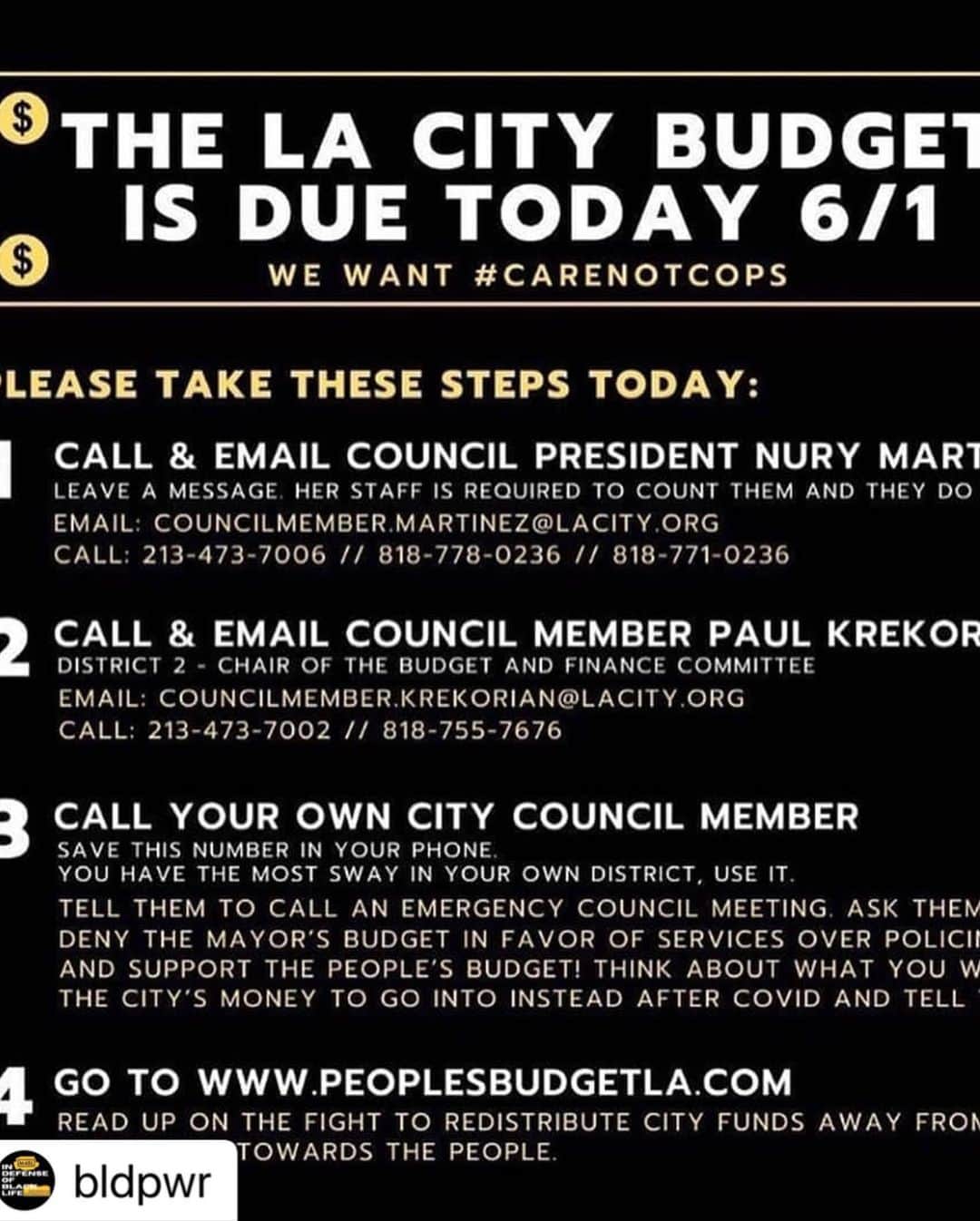 ケラーニさんのインスタグラム写真 - (ケラーニInstagram)「LOS ANGELES #Repost @bldpwr with @make_repost ・・・ Los Angeles, we need your help. @mayorofla has proposed a budget that would increase funding for LAPD to receive 54% of the ENTIRE city budget. Please call/email the president of the city council Nury Martinez  @cd6nury and ask that she #DEFUNDTHEPOLICE and adopt #PeoplesBudgetLA! Email/call Budget Chair, Paul Krekorian @paulkrekorian, and your own city councilperson. DON'T LET UP. Let’s keep applying pressure. . We must demand change and allocation of the budget. Right now @mayorofla has proposed 3 billion tax dollars of the budget to LAPD. WE NEED TO DEFUND THE POLICE AND INVEST IN OUR COMMUNITIES. We need affordable housing, public healthcare, employment opportunities, educational resources, community care workers, public transportation, parks, environmental protection, recreation centers, and arts programs. We don't need police who brutalize, criminalize, and kill us. ADOPT THE PEOPLE'S BUDGET. . CAN'T GET THROUGH? KEEP TRYING AND SEND EMAILS AS WELL. . Visit PeoplesBudgetLA.com for more information. . #CareNotCages #CareNotCops #BLDPWR」6月2日 6時26分 - kehlani