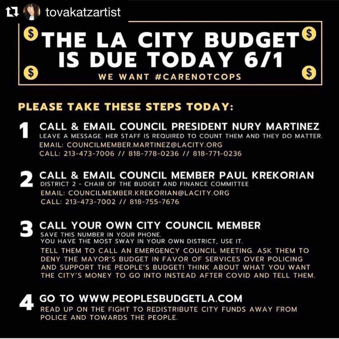 レイチェル・レフィブレのインスタグラム：「Please LOS ANGELES, take action TODAY!!! #Repost @tovakatzartist with @get_repost ・・・ If you’re in LA, call/email your reps TODAY. #blacklivesmatter #thepeoplesbudgetla  Redistribute the city’s funds toward the people!」