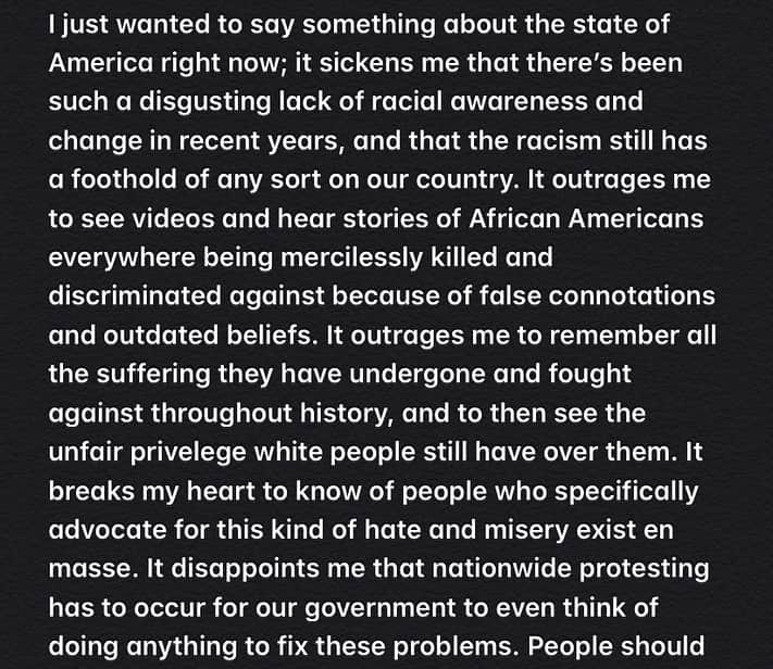 のインスタグラム：「My thoughts on the current situation. I hope we will come out of this in a new era of forward progress and love. I want to see a happy, clear future for us all and it’s important that we get there. I love yall #blacklivesmatter #justiceforgeorgefloyd #changetheworld」