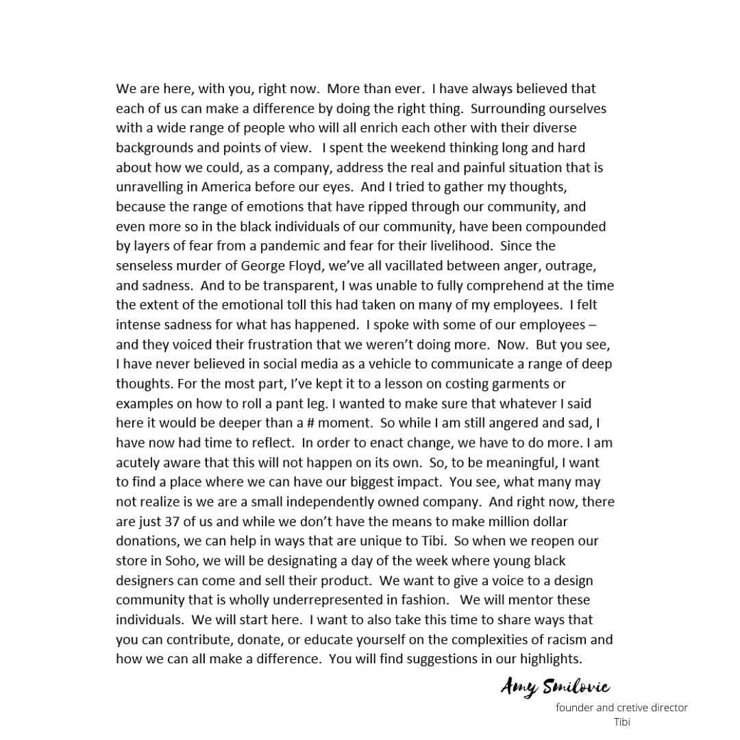 ティビさんのインスタグラム写真 - (ティビInstagram)「A message from our founder @amysmilovic #wearehere #blacklivesmatter」6月2日 7時17分 - tibi