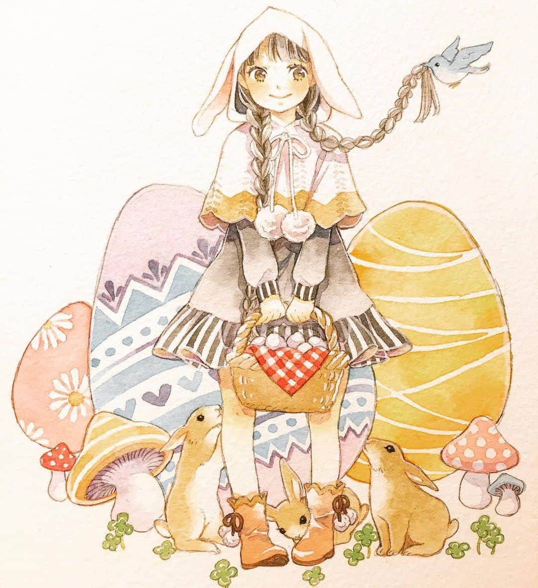友風子/yufushiさんのインスタグラム写真 - (友風子/yufushiInstagram)「イースターな絵  #illustration #watercolor #イラスト #水彩 #イースター #イースターエッグ #うさぎ #rabbit」6月2日 10時39分 - uko_yufushi