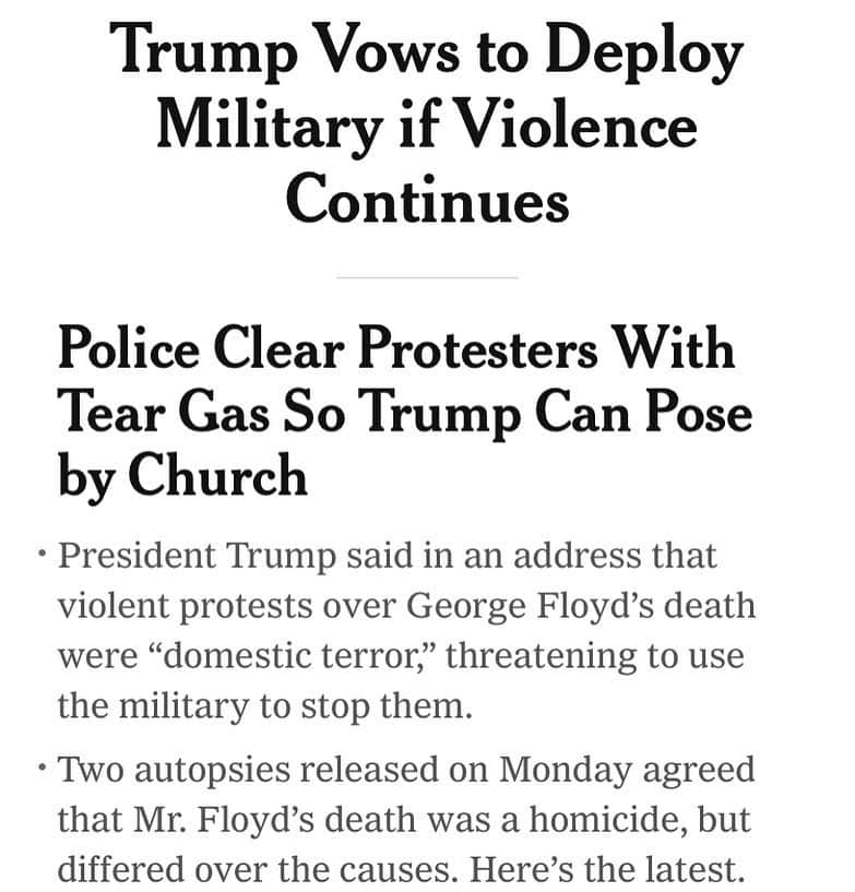 ブレンダン・ハインズのインスタグラム：「what the @nytimes of course fails to mention is that tear gas is a chemical weapon banned in war so he just war crimed his own people. trump cannot win a legitimate election and he knows it so is now seeing how far he will be allowed to carry his fascist dictator cosplay. every republican in this country is complicit in what happens from here on out and yes that includes your fucking parents.」