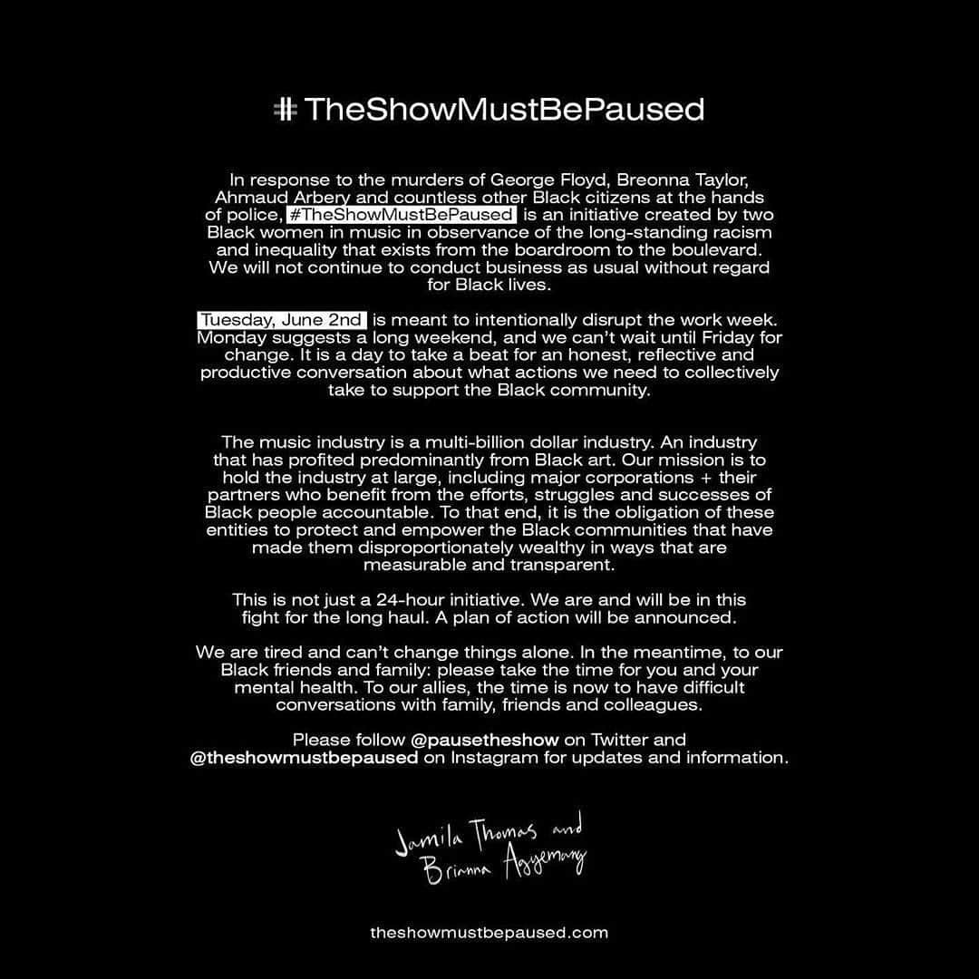 メーガン・トレイナーさんのインスタグラム写真 - (メーガン・トレイナーInstagram)「I am joining the @theshowmustbepaused initiative tomorrow and will be taking the day to unplug, reflect and focus on the actions we need to take to support the black community. This is not just a 24-hour initiative, this is just the beginning. #theshowmustbepaused #blacklivesmatter」6月2日 11時53分 - meghantrainor