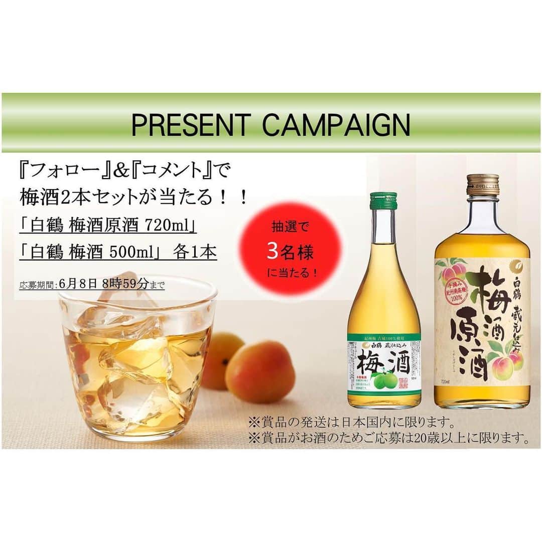 白鶴酒造株式会社のインスタグラム：「【『フォロー』＆『コメント』キャンペーン】  応募は簡単！ 当アカウント（@hakutsuru_official）をフォローしてコメントするだけ⭕ 🔽プレゼント 嘉納家伝統のレシピで仕込んだ梅酒 梅違い飲み比べ2本セット！！（3名様） 《南高梅》「白鶴 梅酒原酒 720ml」1本 《古城梅》「白鶴 梅酒 500ml」1本 ⬛︎応募方法 1️⃣当アカウント（@hakutsuru_official）をフォロー 2️⃣この投稿にコメント（絵文字だけでもOKです⭕） ⬛︎応募期間 2020年6月8日（月）8時59分まで ⬛︎当選発表 当選された方にのみ、DMでご連絡します。 ※すでにフォロー頂いている方も当選対象です。  #日本酒 #白鶴 #hakutsuru #japan #神戸 #kobe #酒 #sake #japanesesake #japaneseculture #灘五郷 #GI灘五郷 #lovehyogo #lovekobe #insta_ higashinada #家飲み #梅酒 #梅 #日本酒梅酒 #stayhome #プレゼントキャンペ ーン #キャンペーン実施中 #プレゼント企画実施中 #プレゼント企画 #キャンペ ーン #インスタキャンペーン #sakestagram #キャンペーン中 #梅仕事」