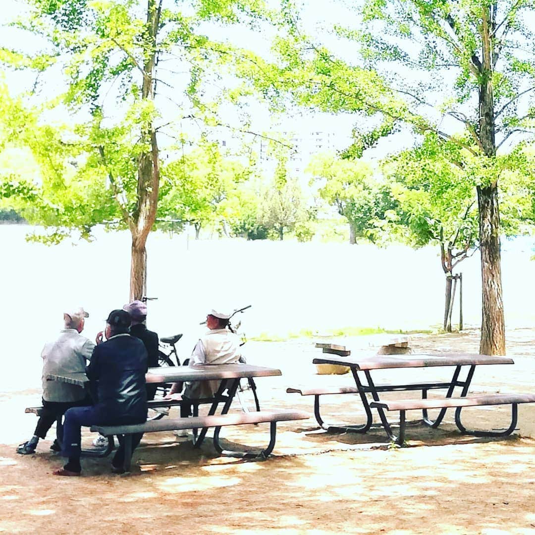 松本隆博のインスタグラム：「。 久しぶりのジョギングなう。 ヽ(*´∀｀)ノ おじさん達が楽しそうに お喋りしてるんだけど、これ。 みんな面と向かっては話さない。 凄いね～飛沫を避けるこれを 名付けて… ｢前向きディスタンス｣ と命名しよう^^;」