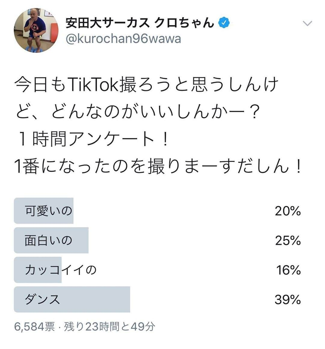 クロちゃんさんのインスタグラム写真 - (クロちゃんInstagram)「１時間アンケート。 1位は、ダンスでした！ ということで、ダンス系を撮って、TikTokであげちゃいます！ 投票ありがとうだしんよー！！」6月2日 16時51分 - kurochandesuwawa