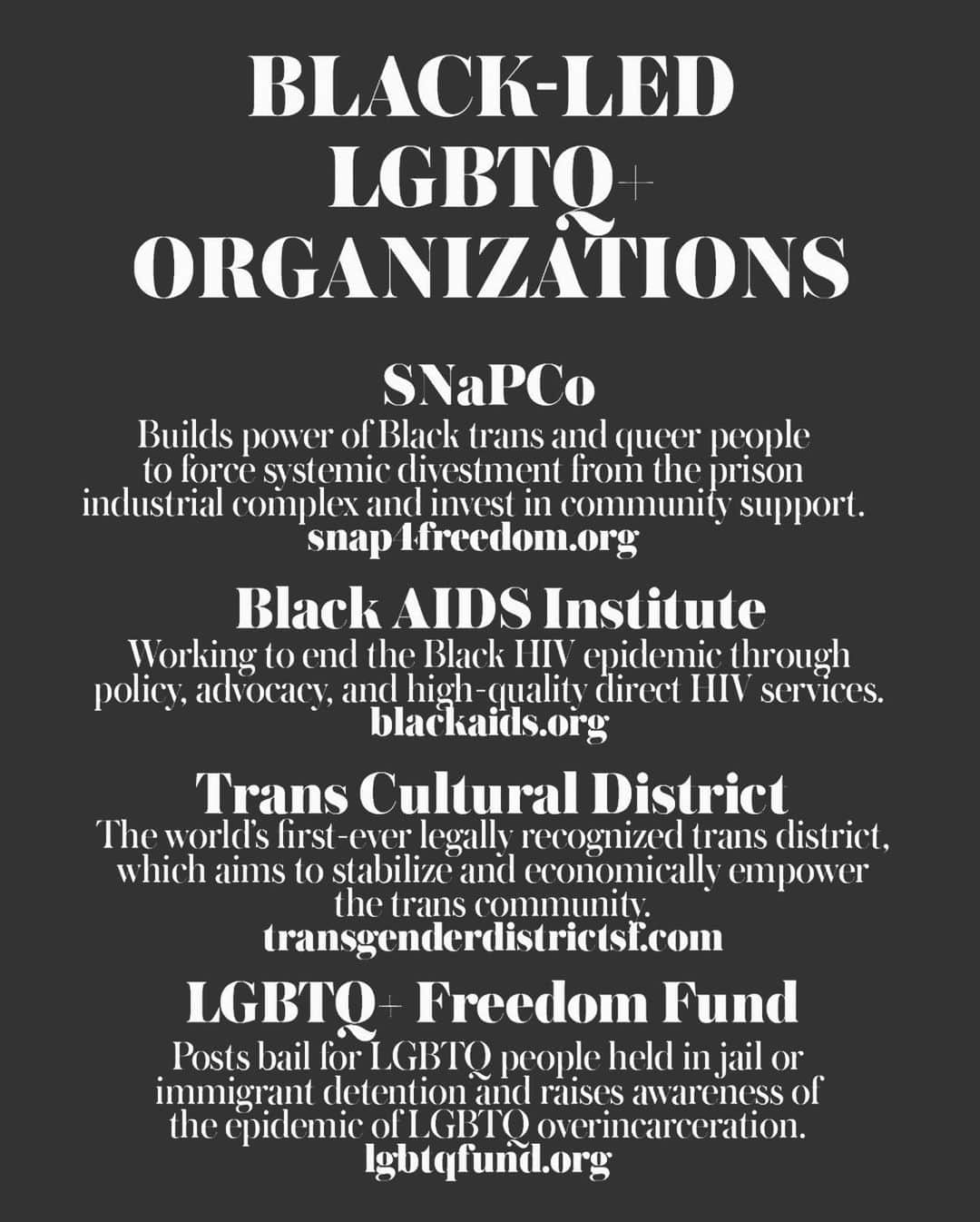 イングリッド・ニールセンのインスタグラム：「This is not a time to be silent. Support these Black-led LGBTQ+ organizations. Learn about the work they do. Amplify their voices. Donate if you’re able to. Links to all of these orgs in my bio. Thank you to @raquel_willis for creating this list. Graphic from @pfpicardi.」