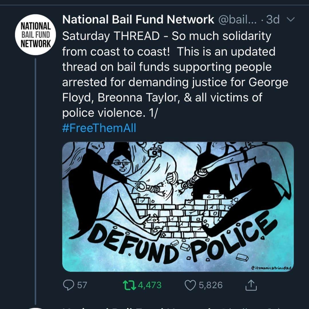SWMRSのインスタグラム：「Taking some time to donate to some of the bail funds in the thread from the first screen grab today. Taking some time to educate ourselves. If abolishing the police and the prison industrial complex sounds crazy to you then you haven’t listened to the ideas, and are being willfully ignorant. Time for us to come together and follow the leadership of the black community as we build a new vision of the future.」