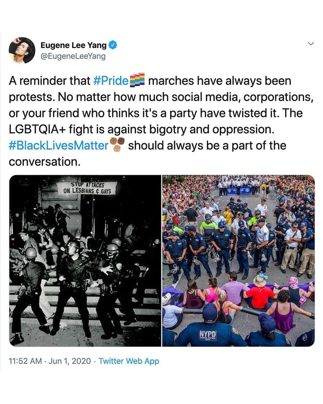 ユージン・リー・ヤンさんのインスタグラム写真 - (ユージン・リー・ヤンInstagram)「Pride is protest. We must stand with the Black LGBTQ+ community and for the BLM movement. These are just a few of the incredible bail funds and organizations I’ve been able to support and I urge you to donate if you can! (links in bio) 🏳️‍🌈」6月3日 3時47分 - eugeneleeyang