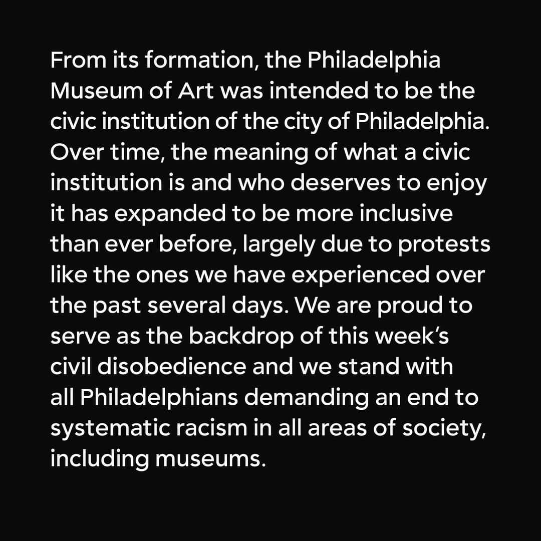 フィラデルフィア美術館さんのインスタグラム写真 - (フィラデルフィア美術館Instagram)「From its formation, the Philadelphia Museum of Art was intended to be the civic institution of the city of Philadelphia. Over time, the meaning of what a civic institution is and who deserves to enjoy it has expanded to be more inclusive than ever before, largely due to protests like the ones we have experienced over the past several days. We are proud to serve as the backdrop of this week’s civil disobedience and we stand with all Philadelphians demanding an end to systematic racism in all areas of society, including museums.  We know some of you have asked why we did not respond more quickly, and honestly it’s because we struggled with what to say. While museums are institutions with their own identities, they are run by people with very real thoughts and emotions about what we are seeing in the city and all over the country. While we utilize these channels to share our collection, we felt that the weight of the moment required us to listen and let the voices of our neighbors, especially those who are African American, ring loudest. For that reason we may not post much over the next few days, but if you love our museum and what we strive to stand for, we encourage you to listen to the voices of the people on our steps crying out for their country to recognize that Black Lives Matter.」6月3日 6時09分 - philamuseum