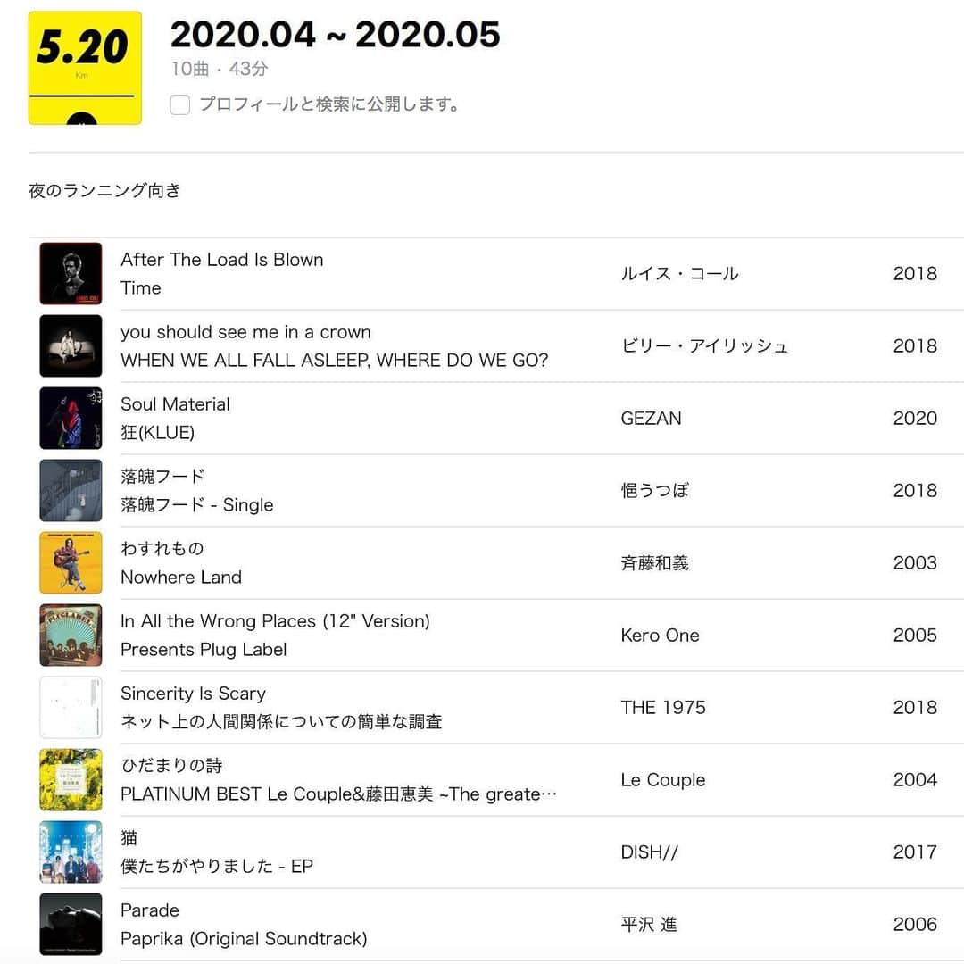 のインスタグラム：「#playlist 2020.04 ~ 2020.05」