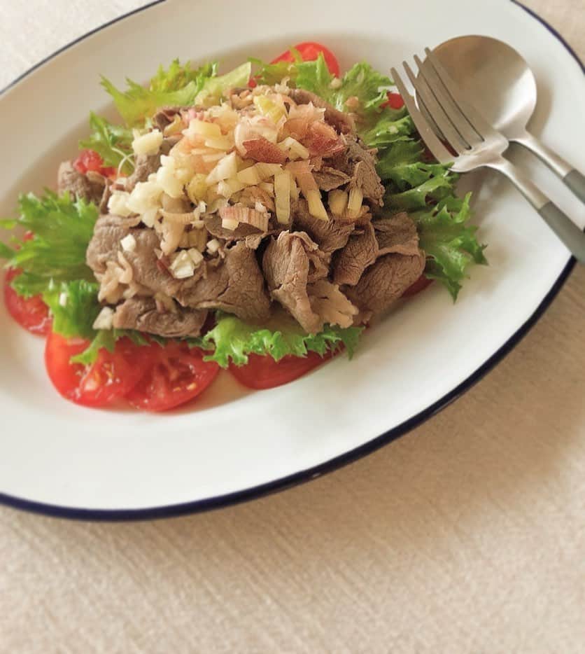 前田ゆかのインスタグラム：「今晩は牛しゃぶのサラダ✨ 牛肉は水分をよくきって調味料が絡みやすいようにするのがポイント。  タレはごま油とポン酢をかけていただきます✨ ポン酢大さじ2 ごま油小さじ1 みょうが3本  #おうちごはん #暑いからサラダ仕立て #さっぱり食べられる抗酸化作用 #最後に🍋たっぷり #maeyukareshipi」