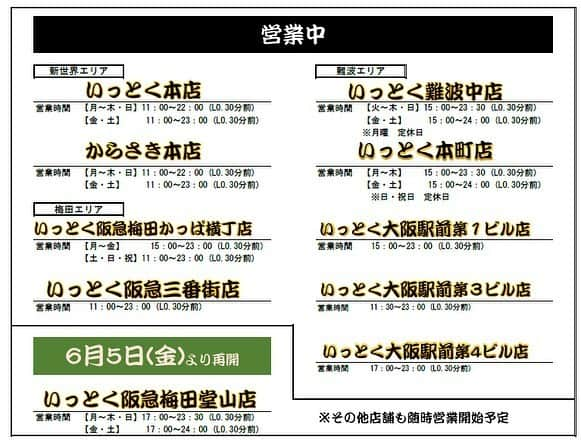 串カツ 新世界串カツいっとく【公式】のインスタグラム：「【一部店舗営業再開のご案内】  平素より、【 #新世界串カツいっとく 】をご愛顧いただき誠にありがとうございます😊  6月5日より、新たに【いっとく阪急梅田堂山店】の営業を再開いたします❗️❗️❗️ その他、営業を再開しています店舗もございますが、  営業時間を短縮しての営業となっている店舗もございますので  ご利用の際は、お手数ですが、ご確認をお願いいたします😊  また、営業再開にあたりまして、お客様ならびに従業員の安心・安全を最大限配慮した営業を続けてまいります😊  お客様にご不便をおかけいたしますが、何卒ご理解くださいますようお願い申し上げます🙏  いっとくの串カツは特製のブレンド油で丁寧に揚げており、軽くサクサクとした上品な口あたりが自慢です✨  肉から魚介、野菜など60種類を超える豊富なメニューをご用意しております。  #ホットペッパー #食べログ #ぐるなび #ヤフーダイニング からネット予約受付中です✨  ぜひ、お待ちしております☺️ #本町グルメ #阪急三番街 #梅田 #難波 #新世界 #通天閣 #かっぱ横丁 #新世界グルメ #梅田グルメ #大阪モデル #緊急事態宣言 #いっとく本店 #いっとく本町店 #いっとく阪急梅田かっぱ横丁店 #いっとく三番街店  #大阪グルメ #串カツいっとく #居酒屋 #osaka #大阪市 #大阪グルメ #大阪観光 #大阪美食 #大阪酒店 #大阪府 #大阪駅 @ 新世界串カツいっとく」