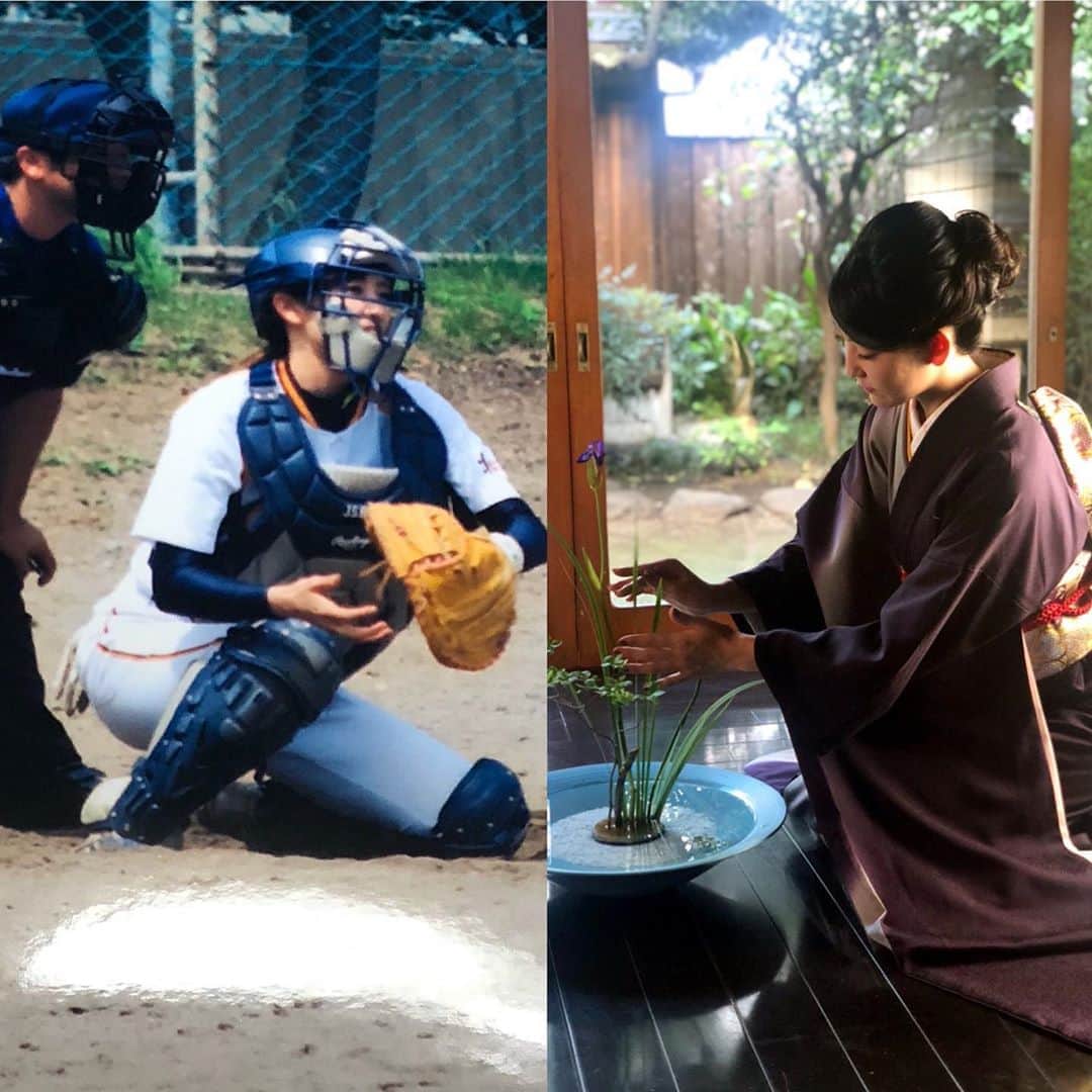 椿梨央のインスタグラム：「#これがこう  多分18.19歳の時でしょうか？ 右は自分の着物を自分で着て ちょろっと華道。 . . . 皆様のGWはいかがお過ごしでしたか？ . 私は17ライブで皆様と楽しく 配信できたから あっという間のGWでした^^💕 . . もう少しの辛抱。 乗り越えていきましょう‼️ . . 19じからも配信でーす♪ . . . #野球 #野球女子 #女子野球 #草野球 #天晴 #着物 #花道 #着物女子 #キャッチャー #顔見えない 笑」