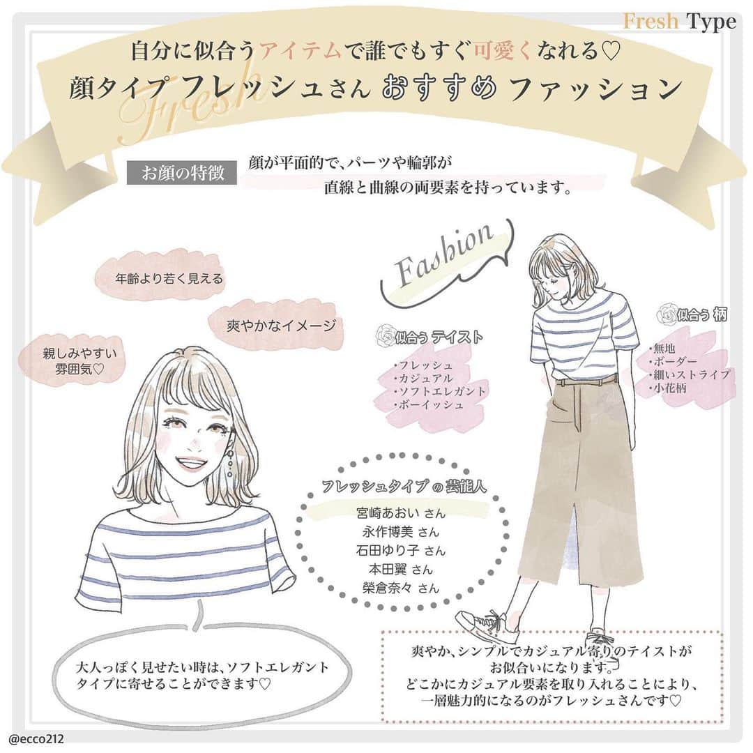 榮倉葵 michill_officialさんのインスタグラム写真 -  (michill_officialInstagram)「本当に似合う服でもっと美人になれる♡顔タイプ別おすすめファッション【フレッシュタイプ編】 .  自分の顔タイプを知っていますか？顔タイプ診断では、顔の輪郭やパーツの特徴、バランスなど ...