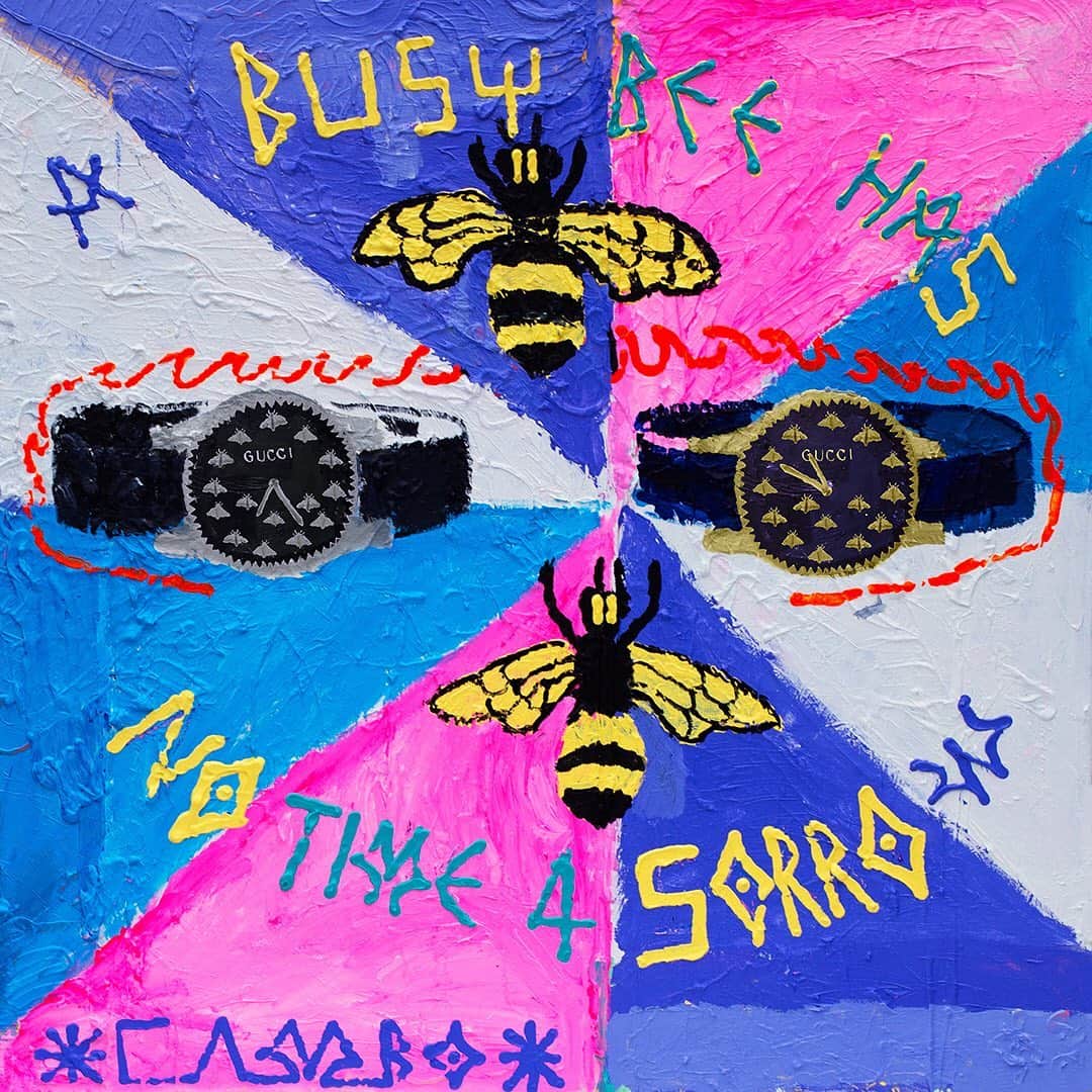 のインスタグラム：「“William Blake’s painting, poetry, romanticism and mysticism have been a constant source of inspiration for me in my art and life,” explains Cambo @cam____bo_______ about his artworks featuring ‘A busy bee has no time for sorrow’—a playful twist on Blake’s poem—combined with the #GucciTimepieces G-Timeless. The illustrations are part of a series of works created by international artists to celebrate the automatic watches designs featuring indexes that take the form of bees. Discover more through link in bio. @alessandro_michele #AlessandroMichele」