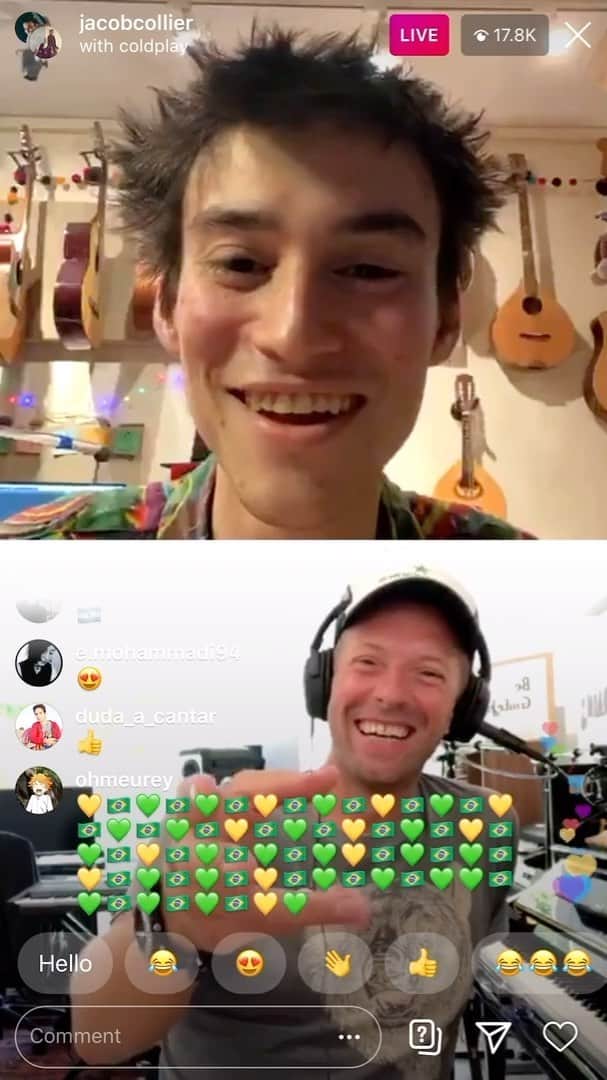 Coldplayのインスタグラム：「Chris sang a few songs with the extraordinary @jacobcollier on Thursday, including this lovely version of Moon River. There’s a very short list of people who can deal with the delay on IG Live. Jacob is probably no. 1 of 1.  #TogetherAtHome #BreakfastAtTiffanys PH」