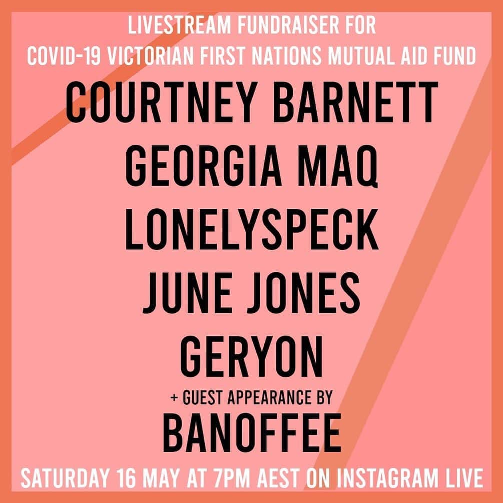 コートニー・バーネットのインスタグラム：「Saturday 7pm AEST 💕💕💕 We are asking for donations to the COVID-19 Victorian First Nations Mutual Aid Fund, link is in my bio, thank you @june__jones for organising! Song requests? See ya at the show x」