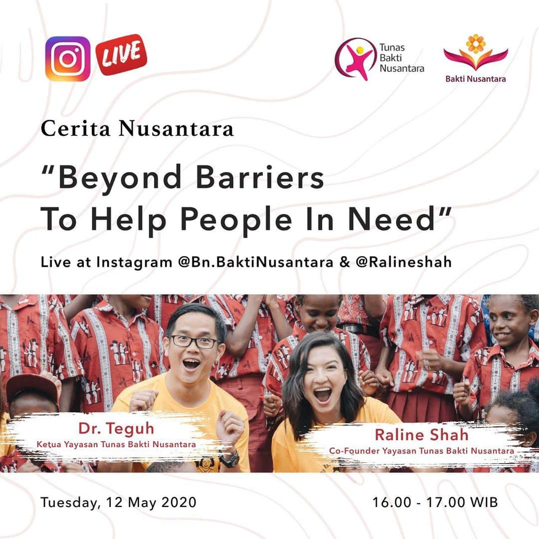 ラライン・シャーのインスタグラム：「Besok akan ada sedikit perbincangan antara aku dan temanku @tdnugroho mengenai kegiatam kita di @bn.baktinusantara beberapa tahun ini. Bagi teman2 yang ada pertanyaan, silahkan di comment section atau pas live besok✌🏻」