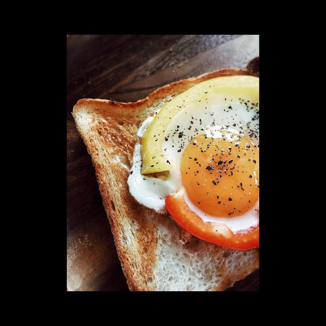 三浦春馬さんのインスタグラム写真 - (三浦春馬Instagram)「いつかの朝食🍳🍞 フライパンに輪切りにしたパプリカ置いて、その中心に卵落としただけ、あ、皆さん知ってましたか？　白身の部分に塩を振ると早く火が通るから キミの部分は半熟のまま、焼き上がりやすい！って　キミはとろーりと食べられるし、面白いからやってみて！  #これ #パプリカ #輪切り #じゃないじゃん　ってね  笑 黄色と、赤のパプリカ  #おうち時間 #おうちごはん」5月11日 16時48分 - haruma_miura_info