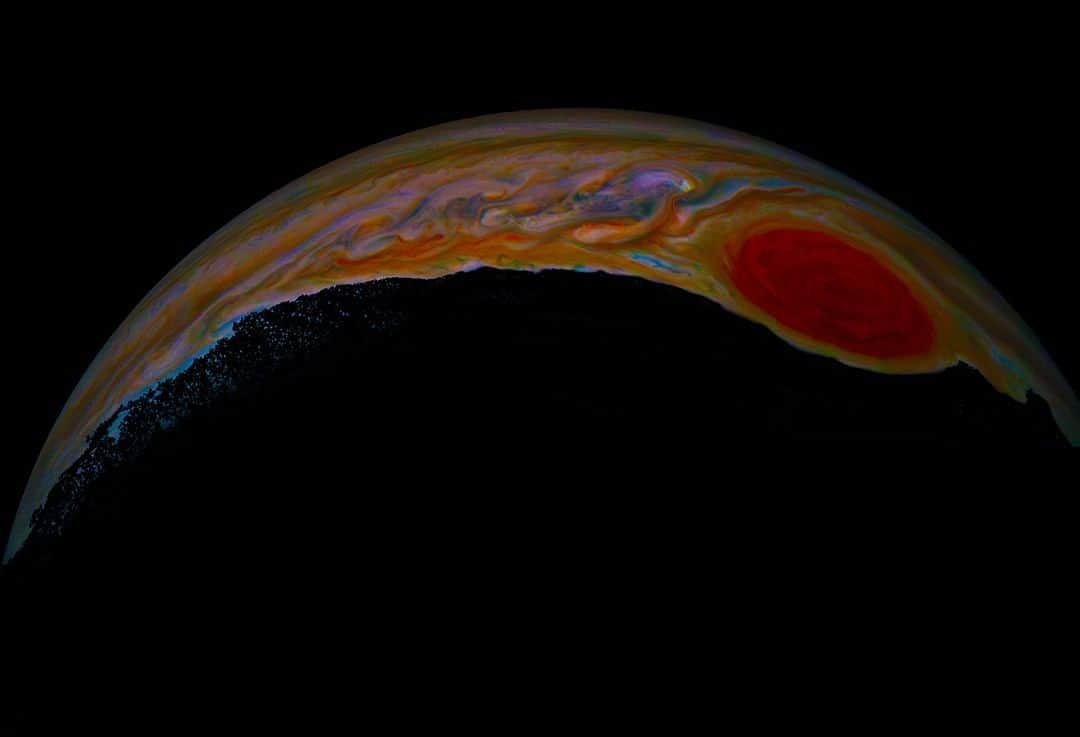 NASAさんのインスタグラム写真 - (NASAInstagram)「What lies beneath that beautiful bloom 🌹? Chaos!  The crimson-colored buds make up Jupiter’s Great Red Spot, an iconic storm that has been swirling wildly over the planet’s skies for the past 150 years—maybe even much longer than that. Originally captured by our @NASAJuno spacecraft, the massive spot in Jupiter's southern hemisphere was transformed into a striking artist interpretation.  As the largest planet orbiting the Sun, Jupiter has had a profound influence on the solar system. But its origin remains a profound mystery. In 2016 @NASAJuno launched on a quest to discover how the complex gas giant planet formed and how it has evolved.  Image Credits: NASA / JPL / SwRI / MSSS⁣ Image Processing: Mary J. Murphy  #CloudWatching #NASA #Jupiter #SolarSytem #Hazy」5月12日 6時03分 - nasa