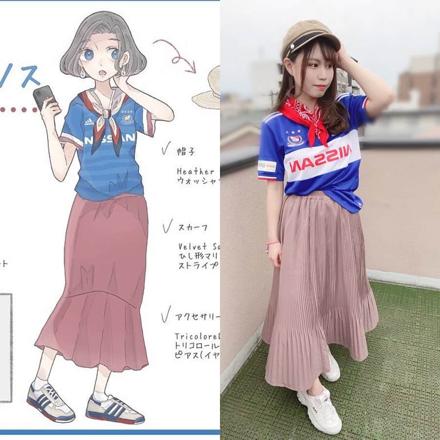 山口みらんのインスタグラム：「けねこさん のイラストを家にある物で、できる限り再現してみた✩.*˚ . スカート👗a.g.プラス スニーカー👠FILA 帽子👒earth music&ecology . #こんな時期だからこそチャレンジ #まだ今シーズンユニフォーム手元にはあらず #今シーズンは遠藤選手にしました #ユニフォームコーディネート楽しい #ユニフォームを着て少しでもマリノスを感じたかった #けねこさんのイラスト可愛すぎ #これを機にトリコロールのスカーフ買おう #早く観戦行きたいなぁ  #暇の極み #屋上で撮影 #fmarinos #ユニフォーム女子  #ユニフォームコーデ  #サッカー好き　#jリーグ女子  #jリーグ  #サッカー」