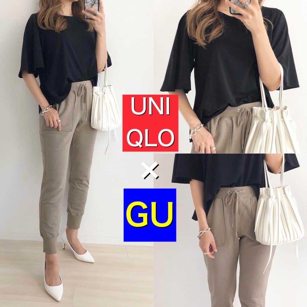 Miyoのインスタグラム：「【𝗨𝗡𝗜𝗤𝗟𝗢✖️𝗚𝗨】 #クレープジャージーT …#UNIQLO#ユニクロ #スウェットイージーパンツ　…#GU#ジーユー バッグ…#ZARA#ザラ パンプス… @sesto_shoes ・ GUのスウェットパンツはシルエットが綺麗で数年前からお気に入り🥰 カジュアルにもきれい目にも着れるからオススメです❤︎ ・ 産後のお腹の引き締めにも役立っている　@gyugyugyu_lme ♡ これを履くと横から見た時のお腹のシルエットが違いすぎるから手離せない✨ 程よい引き締め効果で食べ過ぎも防いでくれます👌🏻 ・ ・ ・ #GU購入品#骨盤ショーツ#ギュギュギュ#骨盤矯正#産後#産後ダイエット#春コーデ#GUコーデ#UNIQLOコーデ#ユニクロコーデ#ザラコーデ#ザラジョ#ママコーデ#ママファッション#プチプラコーデ#プチプラファッション#シンプルコーデ#カジュアルコーデ#30代コーデ#大人カジュアル#おうち時間#stayhome」