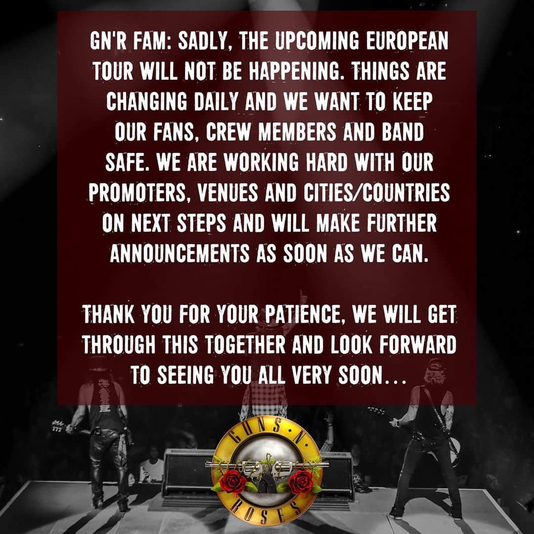 ダフ・マッケイガンさんのインスタグラム写真 - (ダフ・マッケイガンInstagram)「Sadly, the upcoming European tour will not be happening. Things are changing daily and we want to keep our fans, crew members and band safe. We are working hard with our promoters, venues and cities/countries on next steps and will make further announcements as soon as we can. Thank you for your patience, we will get through this together and look forward to seeing you all very soon…」5月12日 1時03分 - duffmckagan