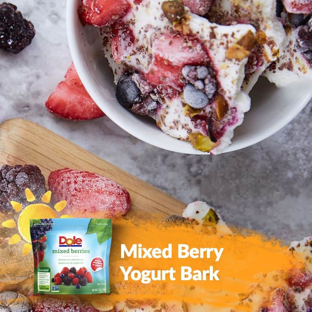 Dole Packaged Foods（ドール）のインスタグラム：「When your guilty pleasure isn’t guilty at all. Our Mixed Berry Yogurt Bark is the perfect dessert to go with any day of the week.  Ingredients: 1/2 cup plain Greek yogurt 1 teaspoon honey 1/2 teaspoon vanilla extract 1/4 cup frozen DOLE® Mixed Berries coarsely chopped 1-1/2 teaspoons shaved dark chocolate 1 tablespoon salted pistachios, chopped  Steps: Line 8-inch square pan with parchment paper.  Stir together yogurt, honey and vanilla extract, in small bowl.  Evenly spread over parchment paper in pan.  Top with mixed berries, chocolate and pistachios. Freeze 1 hour or until frozen.」