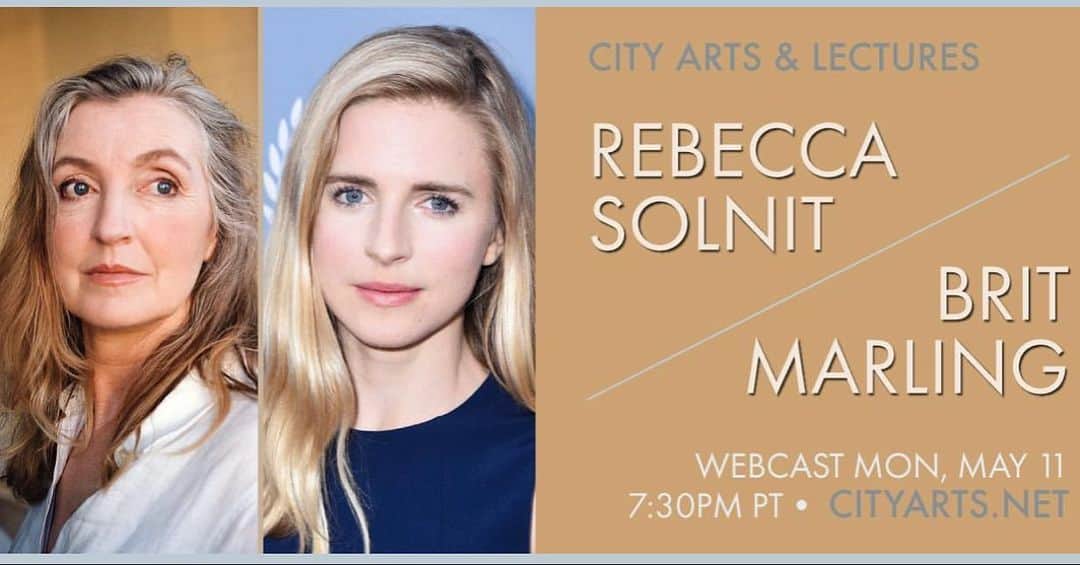 ブリット・マーリングのインスタグラム：「#rebeccasolnit has long inspired me. I still remember the feeling I got when I read A Field Guide to Getting Lost — you can write like this?! About things like getting lost?! Mind blown.  Join the @cityartssf conversation tonight about her beautiful new memoir #recollectionsofmynonexistence , the journey of becoming a writer, and stories of quarantine that give us #hopeinthedark (another excellent book of hers). Link in @cityartssf bio // if you can consider donating to their incredible organization — they are keeping their entire staff employed during covid even tho the lectures have left IRL SF for Zoom life.」