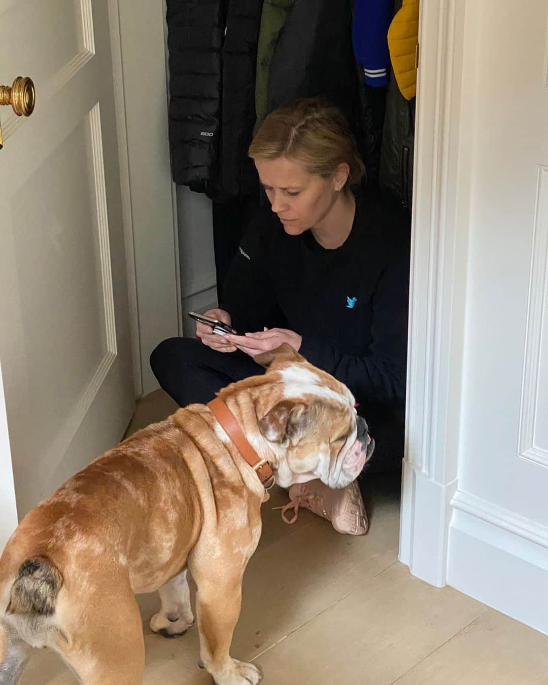 リース・ウィザースプーンさんのインスタグラム写真 - (リース・ウィザースプーンInstagram)「Welcome to my new WFH situation! Quiet and (sort of) private. ✅ But my assistant smells like dog food...🥴」5月12日 3時03分 - reesewitherspoon