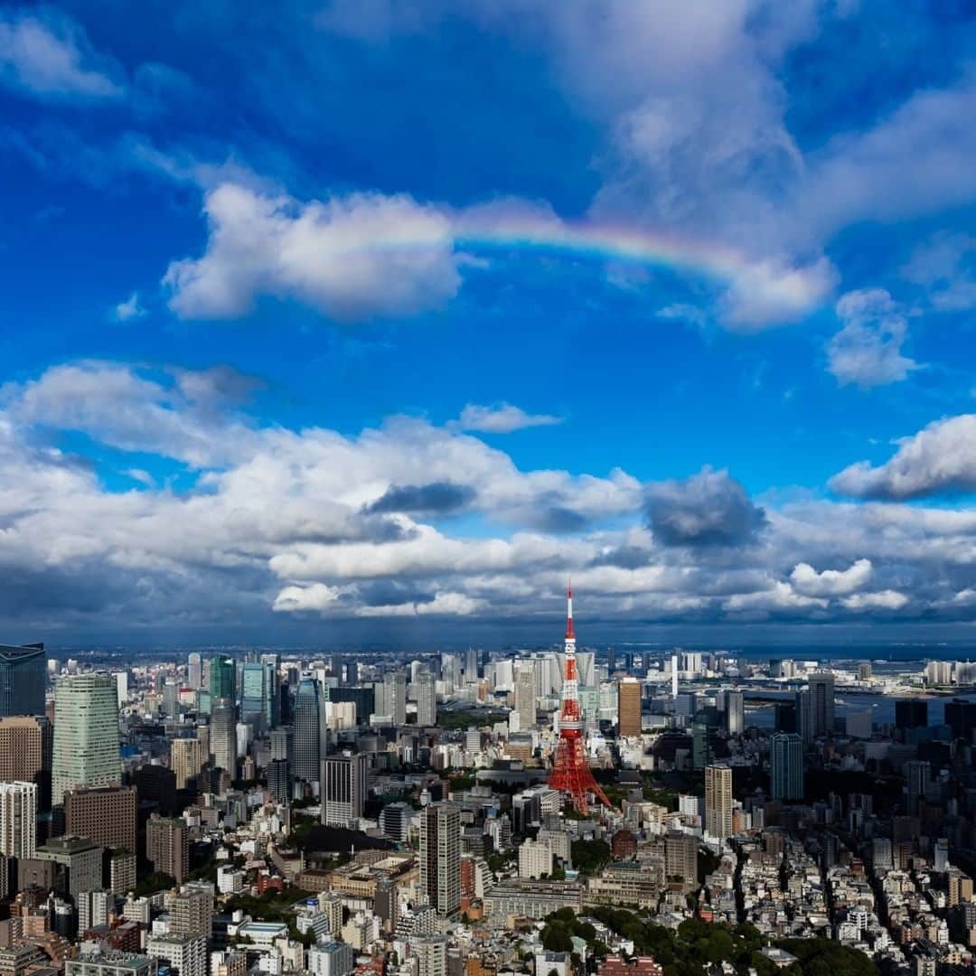Tokyo City View 六本木ヒルズ展望台のインスタグラム：「📸六本木ヒルズ展望台 東京シティビューから絶景画像をお届け中！ ある夏の日の雨上がりの景色です。正面の虹がカットされたバームクーヘンに見えてしまうのは、そろそろおやつの時間だから!?🌈🤤🕒 #StayHome #うちで過ごそう  #おうち時間 #おうちおやつ #東京シティビュー #tokyocityview #休館中の展望台 #SNSで楽しむ展望台 #荒谷良一」