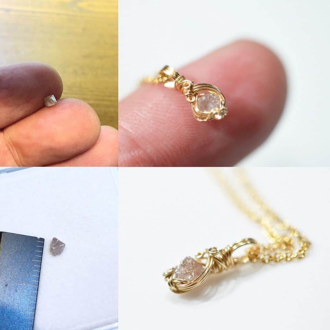 のインスタグラム：「3ミリの小さな小さなピンクダイヤモンド💎結晶をワイヤーラップ。 小さいながらも結晶の形を隠さず角を出して、もちろん指先のみで仕上げました〜  #天然石 #パワーストーン #ハンドメイド #手作り #アクセサリー #天然石アクセサリー #ストーンアクセサリー #gemstones #crystals #原石 #原石アクセ #ワイヤーワーク #ワイヤーラップ #ワイヤーラッピング #wireworks #wirewrapped #handmade #handcrafted」