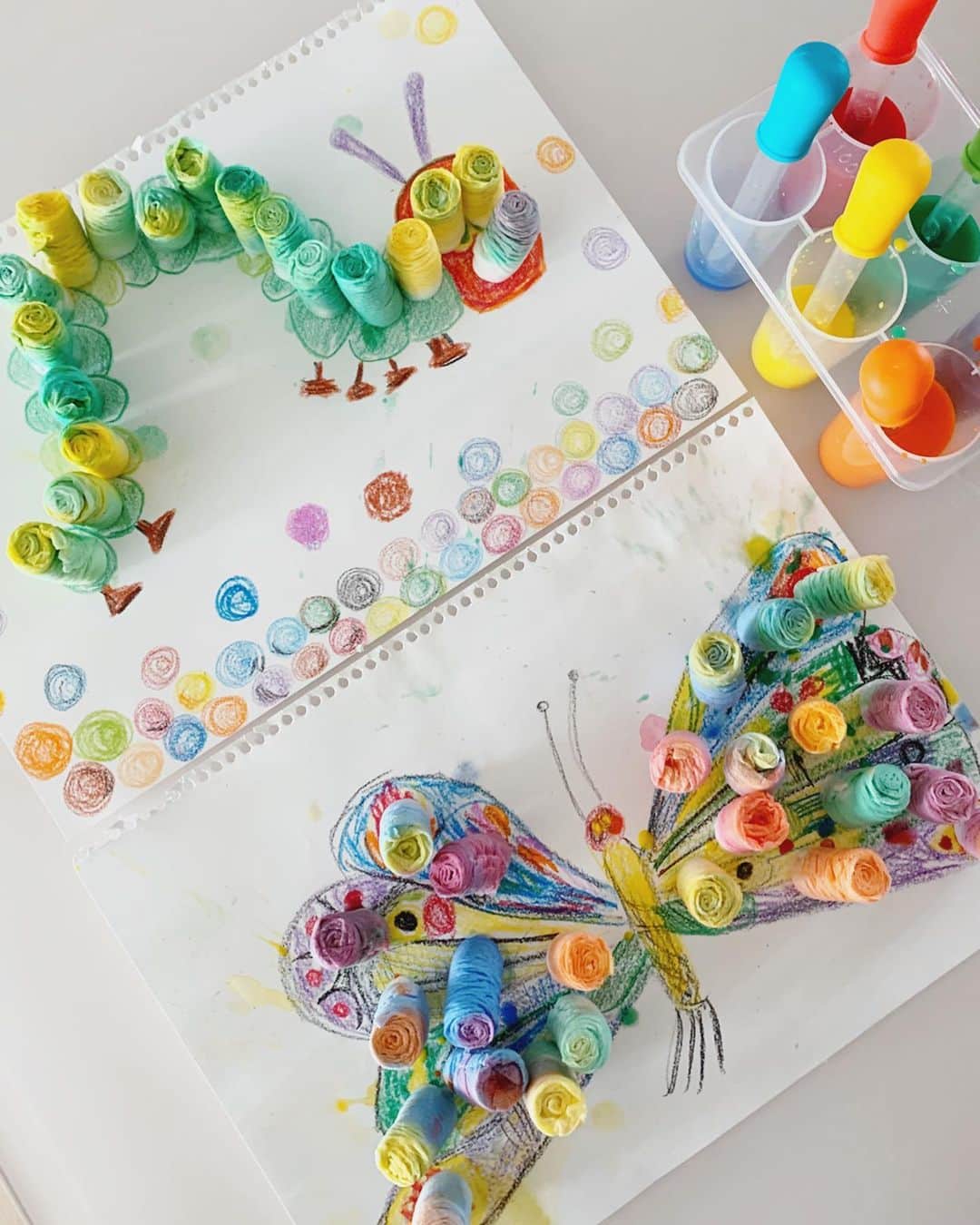 高木りなのインスタグラム：「🐛🦋💓 part.3 “はらぺこあおむし”コインティッシュで絵具遊び、 完成🙌🏻✨ 立体的になって面白いですよね。 蝶々はいろんな色を重ね、 エリックカールの世界観を表現してみました😆 長男くんも終始楽しんでたようで良かった良かった💗 さて、次は何を作ろうかな🤔💜 “배고픈 애벌레” + 코인티슈 물감놀이 완성!🙌🏻 무럭무럭 자라난 코인이슈가 입체적으로 보여서 재밌어요. 나비는 여러색깔을 덧칠덧칠해서 에릭칼의 예술세계를 표현해봤습니다 😆 . . #おうちあそび #おうち遊び #はらぺこあおむし #エリックカール #絵具 #絵の具 #コインティッシュ #집콕 #집콕놀이 #배고픈애벌레 #에릭칼 #물감놀이 #theveryhungrycaterpillar #toddlerplay #stayathome」