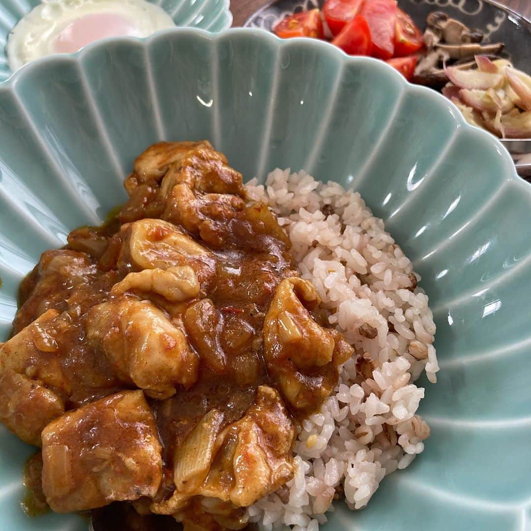 久保ミツロウのインスタグラム：「自作でゴロゴロチキンカレー🍛スパイス効いてる店っぽい味初めて作れた…！美味しい！！ レシピ本にはスパイス使った色んな料理の他にカレールーも使ったやり方があったので、余ったゴールデンカレーを使って初挑戦。 足りないスパイスや材料は全部まいばすけっとで購入。 母の日にまいばす行ったらカーネーションを一本もらえた。誰かのお母さんじゃないけど、結構かなりめちゃくちゃ嬉しかった。」
