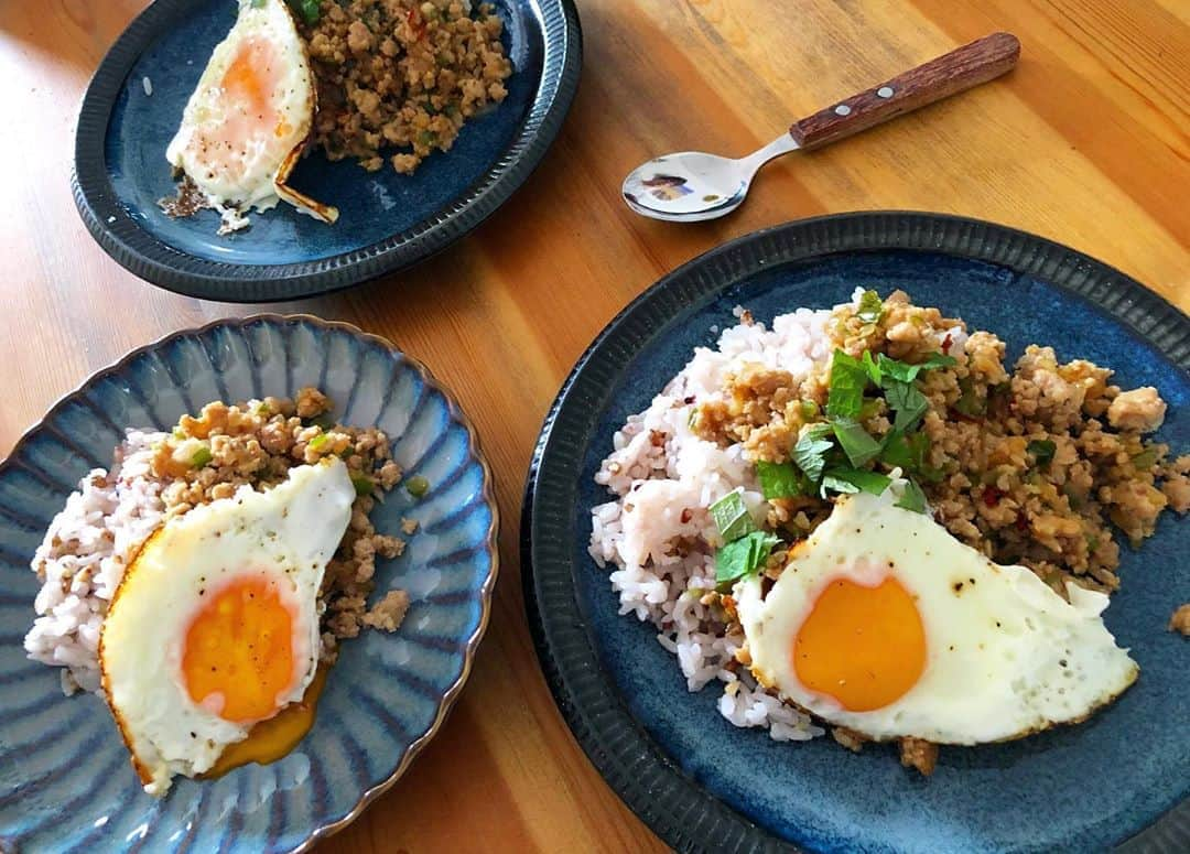 吹田早哉佳さんのインスタグラム写真 - (吹田早哉佳Instagram)「無性に食べたくなって、家にあるもので#ガパオライス  自分でも驚くほど目玉焼きは綺麗に出来なかったけど…味は最高っ‼︎ ナンプラーも切らしてて、バジルも無かったけど、薄口醤油と大葉で代用🤗 大人用は鷹の爪でピリ辛に👍  家族が美味しそうにペロリと食べてくれると、夜ごはんも頑張ろうと思えますね。（まだ献立を考える思考回路は停止中…） #stayhome #おうちごはん #ガパオ　#和風ガパオライス」5月12日 15時46分 - sayaka.0623