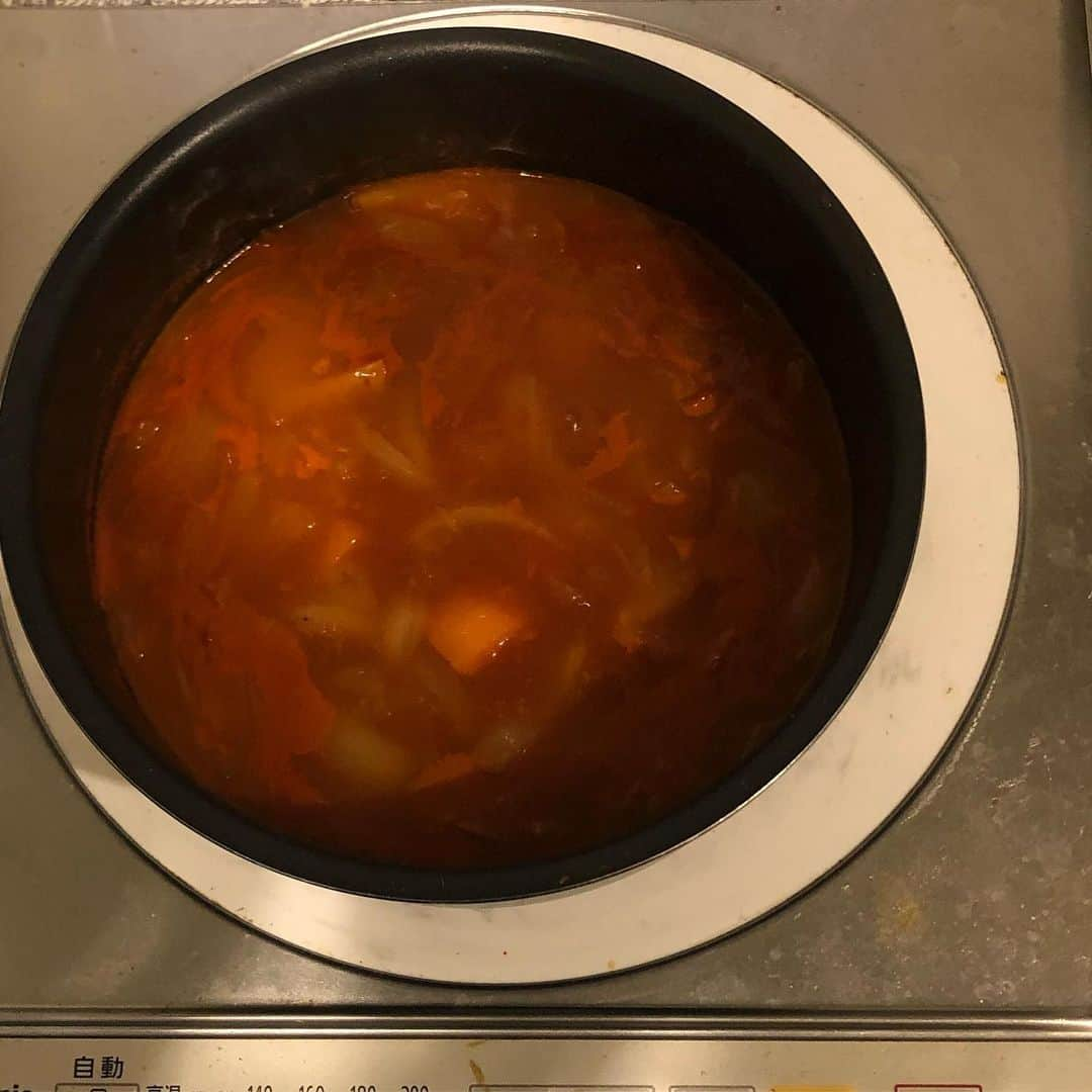 ヒューマン中村さんのインスタグラム写真 - (ヒューマン中村Instagram)「今日もカレーを作りました。  今回は、野菜を炒めて具材を煮込む時に、100パーセント野菜ジュースをコップ一杯分入れてみました。  コクこそ出ましたが、まだ何か足りない気がしました。  ルーは、こくまろ辛口とゴールデンカレー辛口をブレンドしました。  またツイキャス聴いてみてください。  #ヒューマン中村 #カレー #ちょっと待って？ #下積み長ない？ #部屋の中なのに、向かい風吹いてない？」5月12日 20時04分 - humannakamura