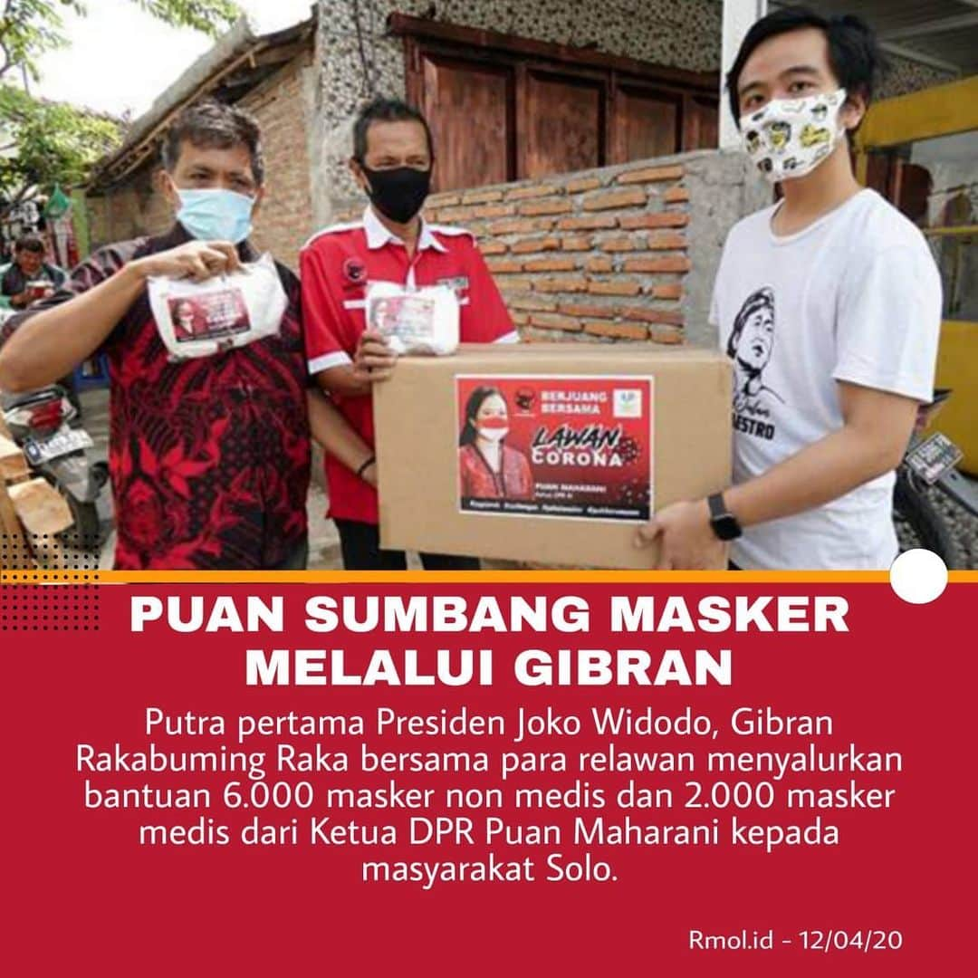 大槻ひびきのインスタグラム：「PUAN SUMBANG MASKER MELALUI GIBRAN  Putra pertama Presiden Joko Widodo, Gibran Rakabuming Raka bersama para relawan menyalurkan bantuan 6.000 masker non medis dan 2.000 masker medis dari Ketua DPR Puan Maharani kepada masyarakat Solo.  Rmol.id 12/04/20」