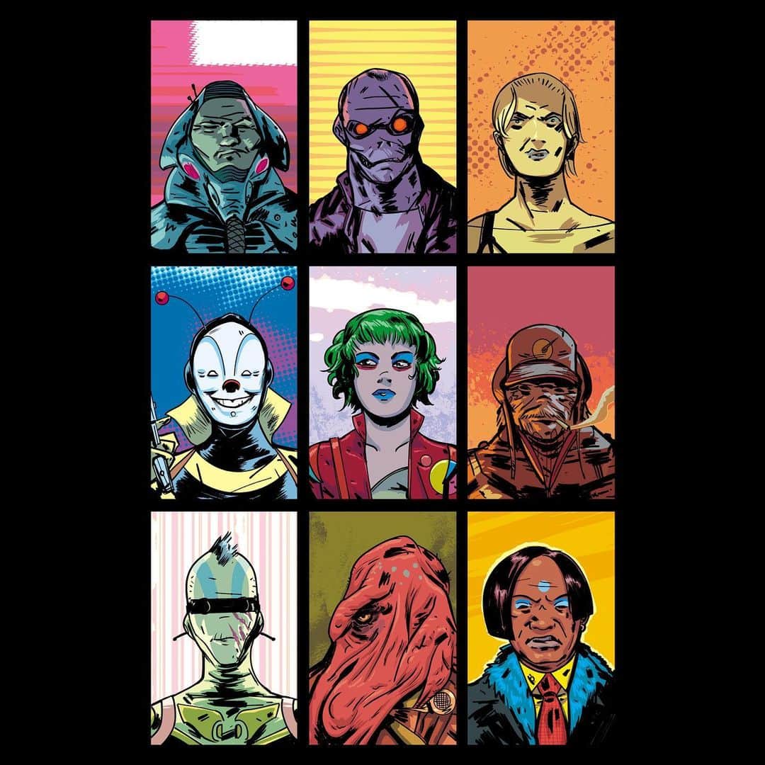 のインスタグラム：「I wanted to wait until people got to spend a few days coloring my @thequarantinecoloringbook contribution before revealing two colored versions of it. The first was done by the amazing @fatheadwilson, who colors a bunch of great comics. I had reached out to him and asked him to color the piece, called Pink Station Zero, and gave him a quick flat colored version I did as a guide to look at, which is the second image in the post.  I won’t reveal the title of the comic, but it is something I worked on day and night for a few months back some years ago. I was very much ready to go with the comic, which is a somewhat ongoing limited series, released about 6 issues at a time, over the course of some years. This image was an exploration of some of the characters from the comic, and I had a lot of fun coming up with 9 very different looking characters, all strong personalities. One of these agents went rogue, and one of them got killed, leaving room for the Earth person in the center to take their place. So I worked on this idea and wrote some script pages, super inspired. But when I reached out to the artist I had wanted to draw the book, they were booked up for a long time, and wouldn’t be able to draw it for years, so the idea went on the shelf. When I’m coming up with comics, sometimes I already envision who I want to draw it, based on the energy I think the story needs, and if that artist can’t do it, I tend to just shelve the idea until they are able to do it, or if I find another artist that grabs me, which I eventually did, but now it’s a matter of when I can write this, as I am in the middle of scripting the long awaited Volume 4 of the Umbrella Academy, which is my main focus and I’m very excited about that. But for now, enjoy these characters, and maybe you’ll see them in the future. I very much enjoyed seeing your colored versions of the piece, your interpretations, as I always enjoy seeing for the coloring book project. Take care and stay safe.  #comics #thequarantinecoloringbook #pinkstationzero」